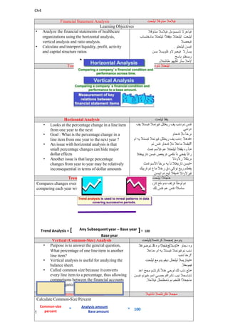 Ch4
Financial Statement Analysis ‫ةي‬
‫ال‬
‫مال‬
‫م‬
‫ئ‬
‫اوقال‬
‫ل‬
‫ي‬
‫لحت‬
Learning Objectives
• Analyze the financial statements of healthcare
organizations using the horizontal analysis,
vertical analysis and ratio analysis.
• Calculate and interpret liquidity, profit, activity
and capital structure ratios
‫ة‬
‫ي‬
‫ا‬
‫ع‬
‫ر‬
‫ال‬
‫ت‬
‫اس‬
‫س‬
‫ؤم‬
‫ل‬
‫ة‬
‫ي‬
‫ال‬
‫مال‬
‫م‬
‫ئ‬
‫اوقال‬
‫ل‬
‫ي‬
‫لحت‬
‫ل‬
‫ي‬
‫لح‬
‫ت‬
‫ال‬
،
‫يق‬
‫فألا‬
‫ل‬
‫ي‬
‫ل‬
‫حت‬
‫ال‬
‫مادخ‬
‫ت‬
‫ساب‬
‫ة‬
‫ي‬
‫حصال‬
. ‫ة‬
‫ب‬
‫سن‬
‫ل‬
‫ي‬
‫لحت‬
‫و‬
‫يسأرال‬
‫ة‬
‫يحب‬
‫رالو‬
‫ةلويس‬
‫ال‬
‫بسن‬
‫ر‬
‫ي‬
‫سف‬
‫ت‬
‫و‬
‫ب‬
‫اسح‬
‫ال‬
‫م‬
‫ال‬
‫س‬
‫أ‬
‫ر‬
‫لك‬
‫ي‬
‫ه‬
‫و‬
‫ط‬
‫اشن‬
‫الو‬
Tools of Analysis ‫لي‬
‫لحت‬
‫ال‬
‫تاودأ‬
Horizontal Analysis ‫ي‬
‫قفأ‬
‫ل‬
‫ي‬
‫لحت‬
• Looks at the percentage change in a line item
from one year to the next
• Goal : What is the percentage change in a
line item from one year to the next year ?
• An issue with horizontal analysis is that
small percentage changes can hide major
dollar effects
• Another issue is that large percentage
changes from year to year may be relatively
inconsequential in terms of dollar amounts
‫ة‬
‫ن‬
‫س‬
‫نم‬
‫د‬
‫ن‬
‫ب‬
‫ي‬
‫ف‬
‫ري‬
‫غت‬
‫ل‬
‫ل‬
‫ة‬
‫ي‬
‫وئ‬
‫م‬
‫ال‬
‫ة‬
‫ب‬
‫س‬
‫نال‬
‫ي‬
‫ف‬
‫و‬
‫د‬
‫ب‬
‫ي‬ •
‫ى‬
‫رخأ‬
‫ىإل‬
‫ةدحاو‬
‫د‬
‫ن‬
‫ب‬
‫ي‬
‫ف‬
‫ري‬
‫غت‬
‫ل‬
‫ل‬
‫ة‬
‫ي‬
‫وئ‬
‫م‬
‫ال‬
‫ة‬
‫ب‬
‫س‬
‫نال‬
‫ي‬
‫ه‬
‫ا‬
‫م‬ : ‫ف‬
‫دهال‬ •
‫؟‬
‫ل‬
‫ب‬
‫ق‬
‫م‬
‫ال‬
‫ما‬
‫ع‬
‫ال‬
‫ىإل‬
‫ة‬
‫دحا‬
‫و‬
‫ة‬
‫ن‬
‫س‬
‫نم‬
‫ن‬
‫أ‬
‫و‬
‫ه‬
‫ي‬
‫ق‬
‫فأل‬
‫ا‬
‫ل‬
‫ي‬
‫لحت‬
‫ال‬
‫ع‬
‫م‬
‫ةألسم‬
‫ةمث‬ •
‫را‬
‫ث‬
‫آ‬
‫يف‬
‫خ‬
‫ي‬
‫ن‬
‫أ‬
‫ن‬
‫ك‬
‫م‬
‫ي‬
‫ةريغ‬
‫ص‬
‫ة‬
‫ب‬
‫سن‬
‫تار‬
‫يي‬
‫غ‬
‫ت‬
‫ال‬
‫ى‬
‫ر‬
‫ب‬
‫ك‬
‫ال‬
‫رالودال‬
‫ة‬
‫ب‬
‫سن‬
‫ت‬
‫ار‬
‫ي‬
‫غ‬
‫ت‬
‫ال‬
‫ن‬
‫أ‬
‫ي‬
‫ه‬
‫ىرخأ‬
‫ة‬
‫ألس‬
‫م‬
‫ةمث‬ •
‫يق‬
‫ط‬
‫ن‬
‫م‬
‫ر‬
‫ي‬
‫غ‬
‫نوك‬
‫ي‬
‫د‬
‫ق‬
‫رخآل‬
‫ماع‬
‫ن‬
‫م‬
‫ةر‬
‫يب‬
‫ك‬
‫ةي‬
‫رالودال‬
‫ة‬
‫م‬
‫ي‬
‫قال‬
‫ث‬
‫ي‬
‫ح‬
‫نم‬
‫ا‬
‫يب‬
‫سن‬
Trend Analysis ‫ه‬
‫اجتال‬
‫ا‬
‫ل‬
‫ي‬
‫لحت‬
Compares changes over a longer period of time by
comparing each year with a base year
‫ن‬
‫م‬
‫ل‬
‫وط‬
‫أ‬
‫ةر‬
‫ت‬
‫ف‬
‫ى‬
‫د‬
‫م‬
‫ى‬
‫لع‬
‫تار‬
‫ي‬
‫غ‬
‫ت‬
‫ال‬
‫ن‬
‫راقي‬
‫س‬
‫ا‬
‫سألا‬
‫ة‬
‫ن‬
‫س‬
‫ع‬
‫م‬
‫ة‬
‫ن‬
‫س‬
‫ل‬
‫ك‬
‫ةنرا‬
‫ق‬
‫مب‬
‫ن‬
‫مز‬
‫ال‬
Trend Analysis = [ Any Subsequent year – Base year ]× 100
Baseyear
Vertical (Common-Size) Analysis ‫لي‬
‫لح‬
‫ت‬ ) ‫م‬
‫جح‬
‫ال‬
‫ك‬
‫ر‬
‫ت‬
‫شمال‬ ( ‫ي‬
‫دومع‬
• Purpose is to answer the general question,
What percentage of one line item is another
line item?
• Vertical analysis is useful for analyzing the
balance sheet.
• Called common size because it converts
every line item to a percentage, thus allowing
comparisons between the financial accounts
of the organizations of different sizes.
•
‫الؤسال‬
‫لع‬‫ى‬
‫ةباجإلا‬
‫وه‬
‫لذ‬‫ك‬
‫نم‬
‫ضرغال‬ • ‫و‬
‫ه‬
‫دحا‬
‫و‬
‫د‬
‫ن‬
‫ب‬
‫ن‬
‫م‬
‫ةيو‬
‫ئ‬
‫م‬
‫ال‬
‫ة‬
‫ب‬
‫س‬
‫نال‬
‫ي‬
‫ه‬
‫ا‬
‫م‬
،
‫ما‬
‫ع‬
‫ال‬
‫؟ر‬
‫خآ‬
‫د‬
‫ن‬
‫ب‬
‫ة‬
‫ين‬
‫از‬
‫ي‬
‫م‬
‫ال‬
‫ل‬
‫ي‬
‫لحتل‬
‫د‬
‫ي‬
‫فم‬
‫ي‬
‫دوم‬
‫ع‬
‫ل‬
‫ي‬
‫لحت‬ •
.‫ةيمومعال‬
‫ىل‬
‫ع‬
‫د‬
‫ن‬
‫ب‬
‫لك‬
‫ل‬
‫و‬
‫ح‬
‫ي‬
‫ه‬
‫ن‬
‫أل‬
‫ك‬
‫ر‬
‫ت‬
‫شم‬
‫مجح‬
‫ا‬
‫ع‬
‫د‬ •
‫ت‬
‫ا‬
‫ب‬
‫اس‬
‫ح‬
‫ال‬
‫ن‬
‫ي‬
‫ب‬
‫ت‬
‫ا‬
‫ن‬
‫راقم‬
‫ح‬
‫مسي‬
‫ام‬
‫م‬
،
‫ة‬
‫ي‬
‫وئ‬
‫م‬
‫ة‬
‫ب‬
‫سن‬
. ‫م‬
‫ا‬
‫جحألا‬
‫فل‬
‫ت‬
‫خم‬
‫ن‬
‫م‬
‫تام‬
‫ظ‬
‫ن‬
‫م‬
‫ل‬
‫ل‬
‫ة‬
‫ي‬
‫ال‬
‫م‬
‫ال‬
Common-Size Statements ‫م‬
‫جح‬
‫ال‬
‫ةكر‬
‫ت‬
‫شمال‬
‫تانا‬
‫يب‬
‫ال‬
Calculate Common-Size Percent
Common-size = Analysis amount × 100
percent Base amount
1
 