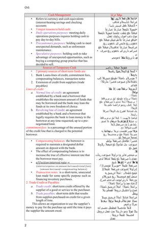 Ch5
Cash Management ‫د‬
‫وقنال‬
‫ةرادإ‬
• Refers to currency and cash equivalents
(interest-bearing savings and checking
accounts
• 3 major reasons to hold cash:
• Daily operations purposes: meeting daily
operations purposes requires holding cash to
pay day-to-day bills.
• Precautionary purposes: holding cash to meet
unexpected demands, such as unforeseen
maintenance.
• Speculative purposes: holding cash to take
advantage of unexpected opportunities, such as
buying a competing group practice that has
decided to sell.
‫ال‬
‫ت‬
‫و‬
‫ف‬
‫ي‬
‫ر‬
( ‫لداعمال‬
‫نالو‬‫ق‬‫د‬
‫لمعال‬‫ة‬
‫ىإل‬
‫ي‬
‫ش‬
‫ي‬
‫ر‬ •
‫ة‬
‫ي‬
‫راجال‬
‫ت‬
‫ا‬
‫ب‬
‫اس‬
‫ح‬
‫ال‬
‫و‬
‫ةدئافب‬
: ‫ة‬
‫ي‬
‫دق‬
‫ن‬
‫ال‬
‫د‬
‫ق‬
‫ع‬
‫ل‬
‫ة‬
‫ي‬
‫س‬
‫ي‬
‫ئ‬
‫ر‬
‫ب‬
‫ا‬
‫ب‬
‫سأ‬ 3 •
‫ض‬
‫ا‬
‫ر‬
‫غ‬
‫أ‬ : ‫ةي‬
‫مو‬
‫ي‬
‫ال‬
‫ت‬
‫ا‬
‫ي‬
‫ل‬
‫م‬
‫ع‬
‫ال‬
‫ضار‬
‫غ‬
‫أ‬ •
‫ة‬
‫ي‬
‫دق‬
‫ن‬
‫ال‬
‫د‬
‫قع‬
‫ب‬
‫لط‬
‫ت‬
‫ت‬
‫عا‬
‫م‬
‫ت‬
‫جا‬
‫ة‬
‫ي‬
‫مو‬
‫ي‬
‫ال‬
‫ت‬
‫ا‬
‫ي‬
‫ل‬
‫م‬
‫ع‬
‫ال‬
. ‫م‬
‫و‬
‫ي‬
‫دع‬
‫ب‬
‫امو‬
‫ي‬
‫ري‬
‫ت‬
‫اوف‬
‫ع‬
‫ف‬
‫دل‬
‫ب‬
‫الطم‬
‫ة‬
‫يب‬
‫ل‬
‫ت‬
‫ل‬
‫ةي‬
‫دق‬
‫ن‬
‫ال‬
‫دق‬
‫ع‬ : ‫ةيئ‬
‫اق‬
‫و‬
‫ضار‬
‫غ‬
‫أ‬ •
. ‫ة‬
‫ع‬
‫ق‬
‫وت‬
‫م‬
‫ر‬
‫ي‬
‫غ‬
‫ةن‬
‫ا‬
‫ي‬
‫ص‬
‫لث‬
‫م‬
،
‫ةعقو‬
‫ت‬
‫م‬
‫ريغ‬
‫ةداف‬
‫ت‬
‫سالل‬
‫ةي‬
‫دق‬
‫ن‬
‫ال‬
‫دق‬
‫ع‬ : ‫ةب‬
‫راض‬
‫م‬
‫ال‬
‫ضار‬
‫غ‬
‫أ‬
• ‫ةسرامم‬
‫ء‬
‫ار‬
‫ش‬
‫لث‬
‫م‬
،
‫ة‬
‫ع‬
‫ق‬
‫وت‬
‫م‬
‫ر‬
‫ي‬
‫غ‬
‫ص‬
‫رف‬
‫ن‬
‫م‬
. ‫ت‬
‫ب‬
‫ي‬
‫ع‬
‫نأ‬
‫تررق‬
‫ال‬
‫ت‬
‫ي‬
‫ال‬
‫م‬
‫ت‬
‫ن‬
‫ا‬
‫ف‬
‫س‬
‫ة‬
‫ةعومجم‬
Sources of Temporary Cash ‫ةت‬
‫ق‬
‫ؤمال‬
‫ة‬
‫ي‬
‫دق‬
‫ن‬
‫ال‬
‫رداصم‬
• 2 primary sources of short term funds are:
1. Bank Loans-lines of credit, commitment fees,
compensating balances, transaction notes
2. Extension of credit from suppliers (trade
payables)
Lines of credit:
a. Normal line of credit: an agreement
established by a bank and a borrower that
establishes the maximum amount of funds that
may be borrowed and the bank may loan the
funds at its own freedom of choice.
b. Revolving line of credit: an agreement
established by a bank and a borrower that
legally requires the bank to loan money to the
borrower at any time requested, up to a pre-
negotiated limit.
commitment fees: is a percentage of the unused portion
of the credit line that is charged to the potential
borrower.
‫ىدمال‬
‫لع‬‫ى‬
‫الومألل‬
‫ال‬
‫ر‬
‫ئ‬
‫ي‬
‫س‬
‫ي‬
‫ة‬
‫رداصمال‬ 2 •
: ‫يه‬
‫ال‬
‫ق‬
‫ص‬
‫ي‬
‫ر‬
‫م‬
‫و‬
‫سرالو‬
،
‫نام‬
‫تئ‬
‫الا‬
‫طو‬
‫طخ‬
‫ض‬
‫ورقال‬
‫ك‬
‫ن‬
‫ب‬ .1
‫ت‬
‫ا‬
‫ظحال‬
‫م‬
‫ال‬
‫و‬
‫ض‬
‫ي‬
‫وع‬
‫ت‬
‫ة‬
‫دصر‬
‫أ‬
،
‫ماز‬
‫ت‬
‫لالا‬
‫ةل‬
‫ماع‬
‫م‬
‫ال‬
‫ادال‬‫ئ‬‫ن‬‫ي‬‫ن‬ ( ‫نيدرومال‬
‫نم‬
‫ا‬‫ال‬‫ئ‬‫ت‬‫م‬‫ا‬‫ن‬
‫يدمت‬‫د‬ .2
)‫تال‬‫ج‬‫ا‬‫ر‬‫ي‬‫ي‬‫ن‬
: ‫ن‬
‫ا‬
‫م‬
‫ت‬
‫ئ‬
‫الا‬
‫طوطخ‬
‫لب‬
‫ق‬
‫نم‬
‫مر‬
‫ب‬
‫م‬
‫قافت‬
‫ا‬ : ‫نا‬
‫م‬
‫ت‬
‫ئ‬
‫ال‬
‫ا‬
‫نم‬
‫ي‬
‫د‬
‫ا‬
‫ع‬
‫ط‬
‫خ‬ . ‫ا‬
‫نم‬
‫ى‬
‫ص‬
‫قألا‬
‫د‬
‫حال‬
‫د‬
‫دح‬
‫ي‬
‫نأ‬
‫ض‬
‫ر‬
‫ت‬
‫ق‬
‫م‬
‫ال‬
‫و‬
‫كن‬
‫ب‬
‫ال‬
‫ك‬
‫ن‬
‫ب‬
‫ل‬
‫ل‬
‫ز‬
‫وجي‬
‫و‬
‫ة‬
‫ر‬
‫ا‬
‫ع‬
‫ت‬
‫سا‬
‫نكمي‬
‫يتال‬
‫الو‬
‫مألا‬
‫ي‬
‫ف‬
‫ة‬
‫ص‬
‫اخال‬
‫اهتي‬
‫ر‬
‫ح‬
‫ي‬
‫ف‬
‫ال‬
‫و‬
‫مألا‬
‫ضر‬
‫قال‬
. ‫ر‬
‫ا‬
‫ي‬
‫ت‬
‫خال‬
‫ا‬
‫كن‬
‫ب‬
‫ال‬
‫ل‬
‫ب‬
‫ق‬
‫نم‬
‫مر‬
‫ب‬
‫م‬
‫ق‬
‫افت‬
‫ا‬ : ‫ة‬
‫ي‬
‫ن‬
‫ا‬
‫م‬
‫تئ‬
‫ا‬
‫ت‬
‫الي‬
‫ه‬
‫ست‬
. ‫ب‬
‫ضارقإل‬
‫ل‬
‫ل‬
‫ب‬
‫ن‬
‫ك‬
‫اق‬‫ن‬‫و‬‫ن‬‫ا‬
‫ي‬
‫ت‬
‫ط‬
‫ل‬
‫ب‬
‫يذال‬
‫تقمالو‬‫ر‬‫ض‬
‫ى‬
‫إل‬
‫لص‬
‫ت‬
‫و‬
،
‫ب‬
‫لط‬
‫ت‬
‫ق‬
‫و‬
‫ي‬
‫أ‬
‫ي‬
‫ف‬
‫ض‬
‫ر‬
‫ت‬
‫ق‬
‫م‬
‫لل‬
‫المال‬
. ‫ا‬
‫قبسم‬
‫ض‬
‫و‬
‫افتال‬
‫دح‬
‫ءزجال‬
‫نم‬
‫ئمال‬‫و‬‫ي‬‫ة‬
‫ال‬
‫ن‬
‫س‬
‫ب‬
‫ة‬
‫يه‬ : ‫لالا‬‫ت‬‫ماز‬
‫موسر‬
‫ا‬
‫هل‬
‫ي‬
‫محت‬
‫م‬
‫ت‬
‫ي‬
‫يتال‬
‫ن‬
‫ا‬
‫م‬
‫تئ‬
‫الا‬
‫ط‬
‫خ‬
‫نم‬
‫م‬
‫دختس‬
‫مال‬
‫ر‬
‫ي‬
‫غ‬
. ‫ل‬
‫م‬
‫ت‬
‫حمال‬
‫ض‬
‫ر‬
‫ت‬
‫ق‬
‫م‬
‫ال‬
‫ىلع‬
• Compensating balances: the borrower is
required to maintain a designated dollar
amount on deposit with the bank.
• The effect of compensating balance is to
increase the true of effective interest rate that
the borrower must pay.
• 𝑒𝑓𝑓𝑒𝑐𝑡𝑖𝑣𝑒 𝑖𝑛𝑡𝑒𝑟𝑒𝑠𝑡 𝑟𝑎𝑡𝑒 =
(𝑖𝑛𝑡𝑒𝑟𝑒𝑠𝑡 𝑒𝑥𝑝𝑒𝑛𝑠𝑒 𝑜𝑛 𝑎𝑚𝑜𝑢𝑛𝑡 𝑏𝑜𝑟𝑟𝑜𝑤𝑒𝑑+𝑡𝑜𝑡𝑎𝑙 𝑓𝑒𝑒𝑠)
(𝑎𝑚𝑜𝑢𝑛𝑡 𝑏𝑜𝑟𝑟𝑜𝑤𝑒𝑑−𝑐𝑜𝑚𝑝𝑒𝑛𝑠𝑎𝑡𝑖𝑛𝑔 𝑏𝑎𝑙𝑎𝑛𝑐𝑒)
• Transaction notes: is a short-term, unsecured
loan made for some specific purpose such as
financing inventory purchases.
2. Trade Credit or Payables:
a. Trade credit: short term credit offered by the
supplier of a good or service to the purchaser.
b. Trade payables: short term debt that results
from supplies purchased on credit for a given
length of time.
This allows an organization to use the supplier’s
money to pay for the purchase up until the time it pays
the supplier the amount owed.
‫ظ‬
‫ا‬
‫فحلل‬
‫ض‬
‫ر‬
‫ت‬
‫ق‬
‫م‬
‫ال‬
‫ب‬
‫و‬
‫لطم‬ : ‫ة‬
‫دصر‬
‫أ‬
‫ض‬
‫ي‬
‫وعت‬
‫ى‬
‫د‬
‫ل‬
‫ع‬
‫ئ‬
‫ا‬
‫دوال‬
‫ىل‬
‫ع‬
‫ة‬
‫ني‬
‫ع‬
‫م‬
‫ال‬
‫ر‬
‫الودال‬
‫ة‬
‫م‬
‫ي‬
‫ق‬
‫ىلع‬
.‫ال‬‫ب‬‫ن‬‫ك‬
‫ن‬
‫م‬
‫ح‬
‫ي‬
‫حص‬
‫ة‬
‫دا‬
‫ي‬
‫ز‬
‫و‬
‫ه‬
‫ن‬
‫زاوتال‬
‫ض‬
‫ي‬
‫وع‬
‫ت‬
‫ر‬
‫يث‬
‫أت‬
. ‫ع‬
‫ف‬
‫د‬
‫ي‬
‫ن‬
‫أ‬
‫ض‬
‫ر‬
‫ت‬
‫ق‬
‫م‬
‫ال‬
‫ىل‬
‫ع‬
‫ي‬
‫ل‬
‫ع‬
‫فال‬
‫ةدئافال‬
‫ل‬
‫دعم‬
‫لع‬‫ى‬
‫فال‬‫ا‬‫ئ‬
‫د‬‫ة‬
‫باسح‬ (( = ‫ال‬
‫ف‬
‫ع‬
‫ل‬
‫ي‬
‫فال‬‫ا‬‫ئ‬
‫د‬‫ة‬
‫لدعم‬
/ )) ‫مو‬
‫س‬
‫رال‬
‫ع‬
‫ومج‬
‫م‬ + ‫ضر‬
‫ت‬
‫ق‬
‫م‬
‫ال‬
‫غ‬
‫ل‬
‫ب‬
‫م‬
‫ال‬
)) ‫ض‬
‫وع‬
‫ت‬
‫ضر‬
‫ت‬
‫ق‬
‫م‬
‫ال‬
‫غ‬
‫ل‬
‫ب‬
‫م‬
‫ال‬ ( ‫ن‬
‫زاوتال‬ (
،
‫لج‬
‫ألا‬
‫ة‬
‫ر‬
‫ي‬
‫ص‬
‫ق‬
‫ي‬
‫ه‬ : ‫ة‬
‫ي‬
‫ل‬
‫م‬
‫ع‬
‫ت‬
‫ا‬
‫ظحالم‬
‫ضع‬
‫ب‬
‫ل‬
‫ل‬
‫ع‬
‫ج‬
‫ة‬
‫ن‬
‫و‬
‫م‬
‫ضمال‬
‫ريغ‬
‫ض‬
‫ورقالو‬
. ‫نوز‬
‫خ‬
‫م‬
‫ال‬
‫ءارش‬
‫ل‬
‫ي‬
‫وم‬
‫ت‬
‫ل‬
‫ث‬
‫م‬
‫د‬
‫دح‬
‫م‬
‫ضرغ‬
: ‫ةنئ‬
‫ا‬
‫د‬
‫م‬
‫م‬
‫ذ‬
‫و‬
‫أ‬
‫ي‬
‫راجت‬
‫ال‬
‫نام‬
‫تئ‬
‫الا‬ .2
‫ل‬
‫جألا‬
‫ةريص‬
‫ق‬
‫نام‬
‫تئ‬
‫الا‬ : ‫يراجت‬
‫ال‬
‫نام‬
‫تئ‬
‫الا‬
‫ة‬
‫م‬
‫د‬
‫خ‬
‫و‬
‫أ‬
‫ة‬
‫ع‬
‫ل‬
‫س‬
‫ل‬
‫ل‬
‫درومال‬
‫اه‬
‫مد‬
‫ق‬
‫ي‬
‫ي‬
‫ت‬
‫ال‬
.‫لل‬‫م‬‫تش‬‫ر‬‫ي‬
‫ل‬
‫ج‬
‫ألا‬
‫ة‬
‫ر‬
‫ي‬
‫ص‬
‫ق‬
‫نويدال‬ : ‫ة‬
‫ي‬
‫راجت‬
‫ال‬
‫ة‬
‫نئ‬
‫ادال‬
‫م‬
‫مذال‬
‫ةدمل‬
‫لجألاب‬
‫تشمال‬‫ر‬‫ا‬‫ة‬
‫مزاولال‬
‫نم‬
‫ت‬
‫ن‬
‫ت‬
‫ج‬
‫ال‬
‫ت‬
‫ي‬
. ‫ن‬
‫مز‬
‫ال‬
‫ن‬
‫م‬
‫ة‬
‫ني‬
‫عم‬
‫ال‬
‫مال‬
‫م‬
‫ادخت‬
‫س‬
‫ال‬
‫ة‬
‫مظ‬
‫ن‬
‫م‬
‫ل‬
‫ل‬
‫ح‬
‫مسي‬
‫اذه‬
‫ي‬
‫ذ‬
‫ال‬
‫ت‬
‫قو‬
‫ال‬
‫ى‬
‫ت‬
‫حو‬
‫ء‬
‫ا‬
‫رشال‬
‫ن‬
‫مث‬
‫ع‬
‫ف‬
‫د‬
‫ل‬
‫دروملل‬
. ‫ق‬
‫حتس‬
‫مال‬
‫غ‬
‫ل‬
‫ب‬
‫م‬
‫ال‬
‫د‬
‫رومال‬
‫ع‬
‫ف‬
‫دي‬
2
 