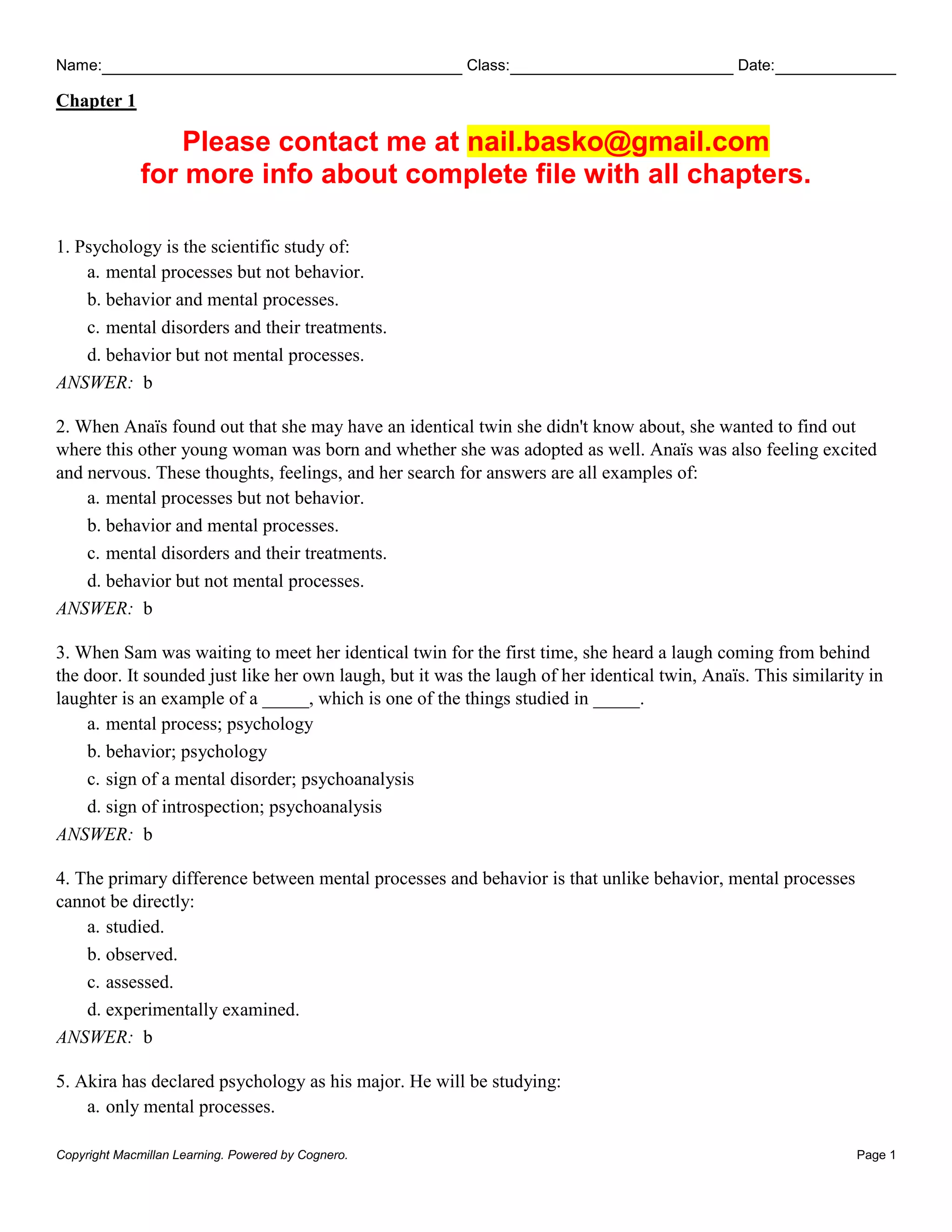 test bank Scientific American Presenting Psychology, 3e Deborah Licht