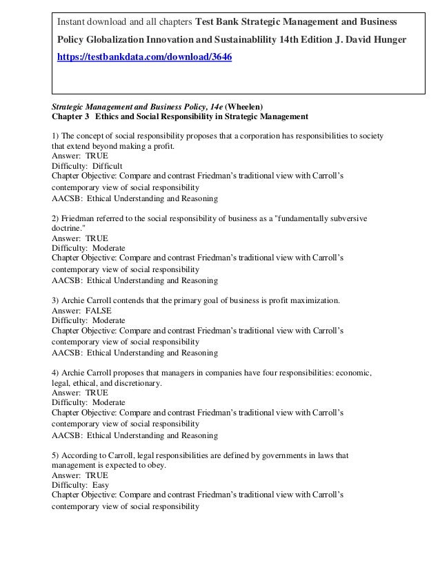 Test Bank Strategic Management And Business Policy Globalization Inno