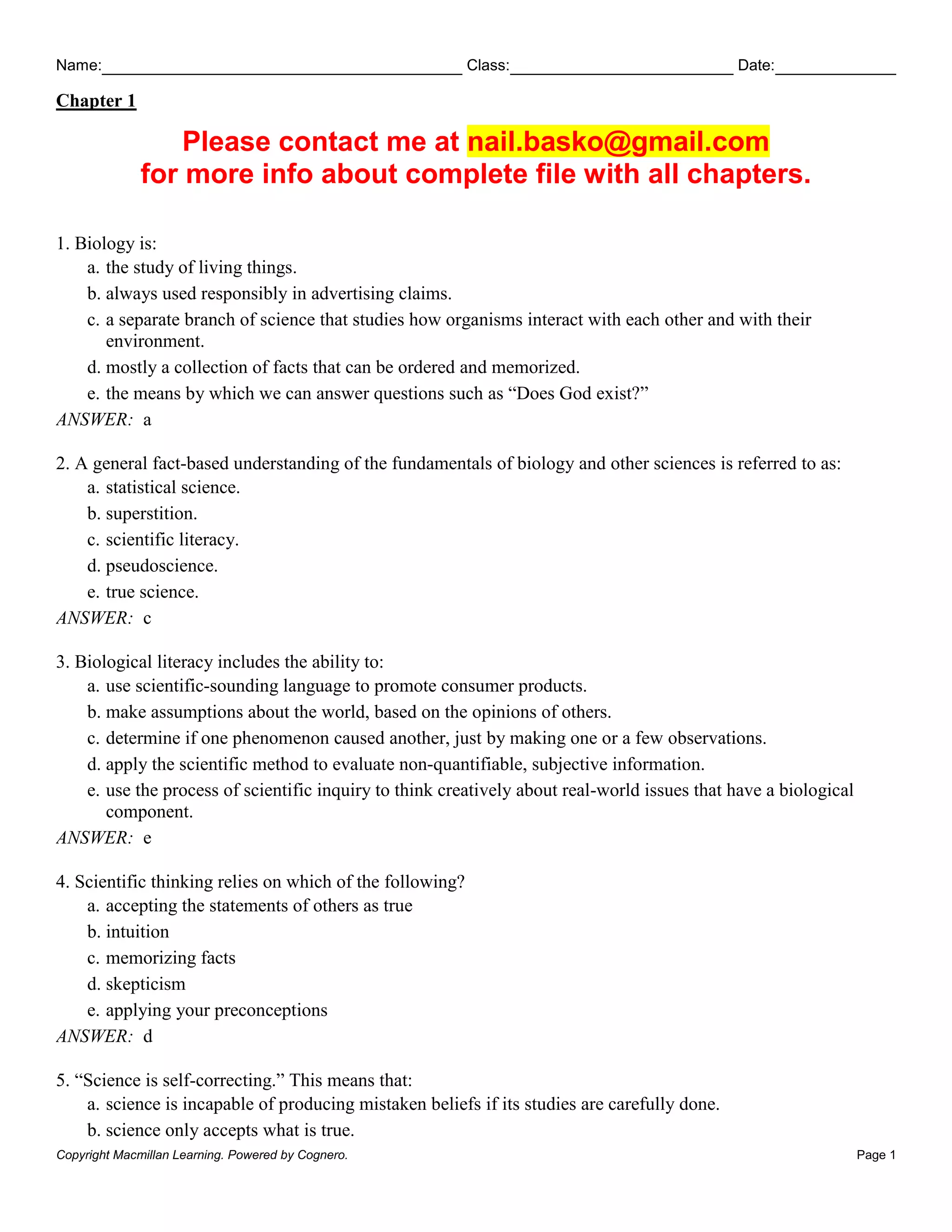 test bank What Is Life A Guide to Biology with Physiology, 5e Jay