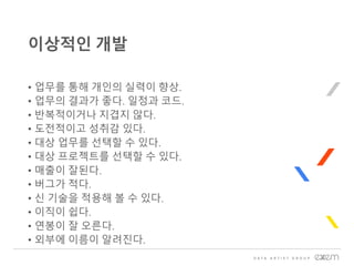 • 업무를 통해 개인의 실력이 향상.
• 업무의 결과가 좋다. 일정과 코드.
• 반복적이거나 지겹지 않다.
• 도전적이고 성취감 있다.
• 대상 업무를 선택할 수 있다.
• 대상 프로젝트를 선택할 수 있다.
• 매출이 잘된다.
• 버그가 적다.
• 신 기술을 적용해 볼 수 있다.
• 이직이 쉽다.
• 연봉이 잘 오른다.
• 외부에 이름이 알려진다.
이상적인 개발
 