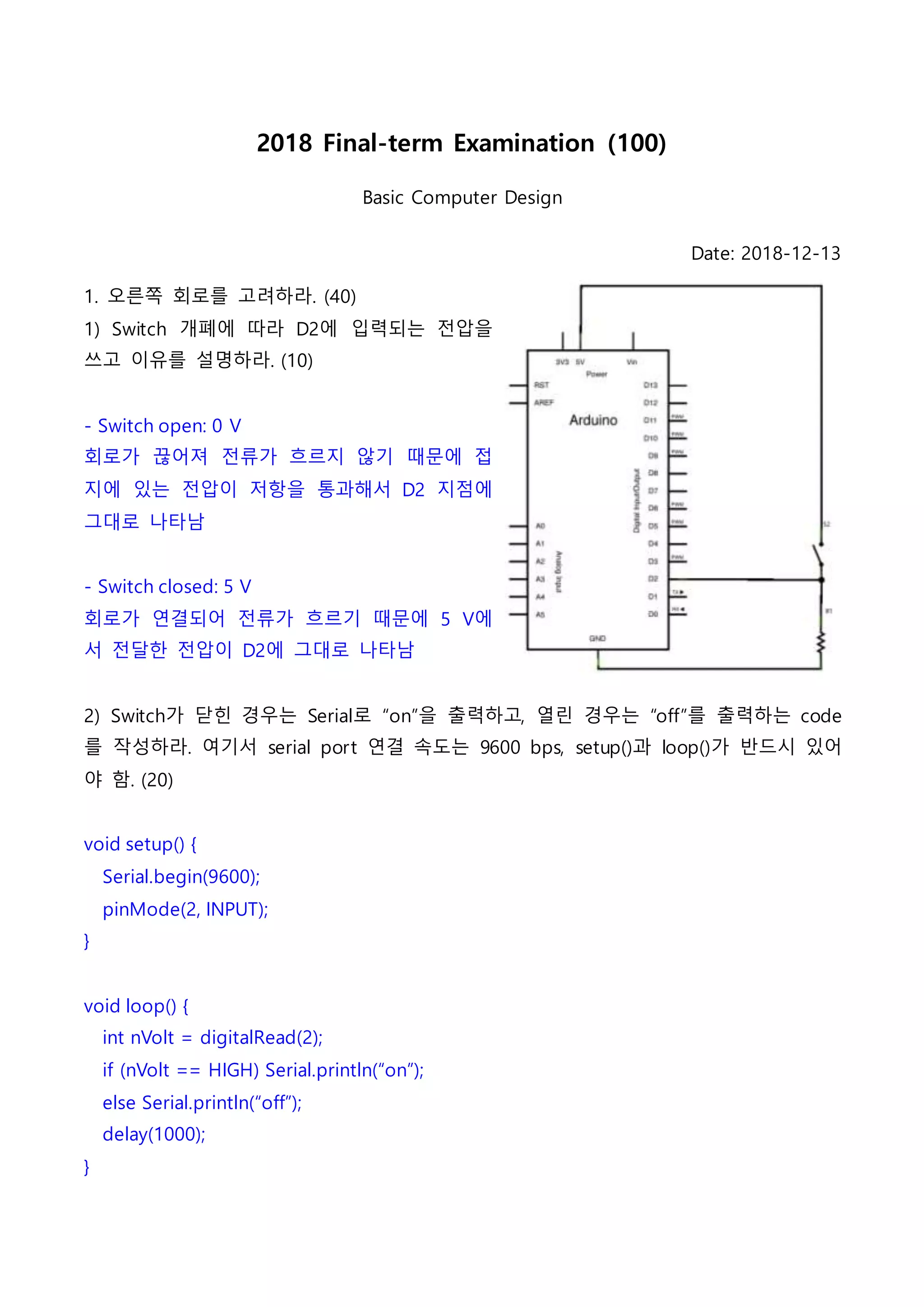 2018 Final-term Examination (100)
Basic Computer Design
Date: 2018-12-13
1. 오른쪽 회로를 고려하라. (40)
1) Switch 개폐에 따라 D2에 입력되는 전압을
쓰고 이유를 설명하라. (10)
- Switch open: 0 V
회로가 끊어져 전류가 흐르지 않기 때문에 접
지에 있는 전압이 저항을 통과해서 D2 지점에
그대로 나타남
- Switch closed: 5 V
회로가 연결되어 전류가 흐르기 때문에 5 V에
서 전달한 전압이 D2에 그대로 나타남
2) Switch가 닫힌 경우는 Serial로 “on”을 출력하고, 열린 경우는 “off”를 출력하는 code
를 작성하라. 여기서 serial port 연결 속도는 9600 bps, setup()과 loop()가 반드시 있어
야 함. (20)
void setup() {
Serial.begin(9600);
pinMode(2, INPUT);
}
void loop() {
int nVolt = digitalRead(2);
if (nVolt == HIGH) Serial.println(“on”);
else Serial.println(“off”);
delay(1000);
}
 