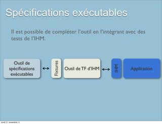 Spécifications exécutables
          Il est possible de compléter l’outil en l’intégrant avec des
          tests de l’IHM.



          Outil de
                            Fixtures




                                                           IHM
        spéciﬁcations                  Outil de TF d’IHM         Application
         exécutables




lundi 21 novembre 11
 