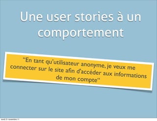 Une user stories à un
                         comportement
             “En tant qu’utilisa
                                teur anonyme, je
         connecter sur le                        veux me
                          site aﬁn d'accéder
                                             aux informations
                          de mon compte“




lundi 21 novembre 11
 