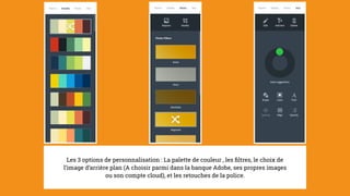 Les 3 options de personnalisation : La palette de couleur , les ﬁltres, le choix de
l’image d’arrière plan (A choisir parmi dans la banque Adobe, ses propres images
ou son compte cloud), et les retouches de la police.
 