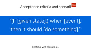 “(If [given state],) when [event],  
then it should [do something].”
Acceptance criteria and scenarii
Continue with scenario 2…
new
 