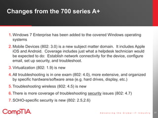 Changes from the 700 series A+ 
1. Windows 7 Enterprise has been added to the covered Windows operating 
systems 
2. Mobile Devices (802: 3.0) is a new subject matter domain. It includes Apple 
iOS and Android. Coverage includes just what a helpdesk technician would 
be expected to do: Establish network connectivity for the device, configure 
email, set up security, and troubleshoot. 
3. Virtualization (802: 1.9) is new 
4. All troubleshooting is in one exam (802: 4.0), more extensive, and organized 
by specific hardware/software area (e.g. hard drives, display, etc.) 
5. Troubleshooting wireless (802: 4.5) is new 
6. There is more coverage of troubleshooting security issues (802: 4.7) 
7.SOHO-specific security is new (802: 2.5,2.6) 
17 
 