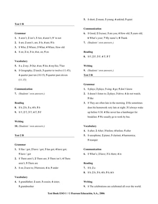 5. 1 short; 2 mean; 3 young; 4 unkind; 5 quiet
Test 1 B
                                                                Communication
Grammar                                                         6. 1 Good; 2 Excuse; 3 are you; 4 How old; 5 years old;
1. 1 aren’t; 2 isn’t; 3 Are; 4 aren’t; 5 ’m not                     6 What’s your; 7 My name’s; 8 Thank
2. 1 are; 2 aren’t, are; 3 Is; 4 am; 5 Is                       7. (Students’ own answers.)
3. 1 Who; 2 Where; 3 What; 4 When; How old
4. 1 on; 2 in; 3 in; 4 at, on; 5 on                             Reading
                                                                8. 1 F; 2 F; 3 F; 4 T; 5 T
Vocabulary
5. 1 a; 2 my; 3 Our; 4 an; 5 his; 6 my/his; 7 her               Writing
6. 1 Geography; 2 lunch; 3 quarter to twelve (11.45);           9. (Students’ own answers.)
    4 quarter past ten (10.15); 5 quarter past eleven           Test 3 B
    (11.15)
                                                                Grammar
Communication                                                   1. 1 plays; 2 plays; 3 sing; 4 go; 5 don’t know
7. (Students’ own answers.)                                     2. 1 doesn’t listen to; 2 plays; 3 drive; 4 do not watch;
                                                                    5 like
Reading                                                         3. 1 They are often late in the morning. 2 He sometimes
8. 1 b; 2 b; 3 a; 4 b; 5 b                                          does his homework very late at night. 3 I always wake
9. 1 F; 2 T; 3 T; 4 T; 5 F                                          up before 9.30. 4 She never has a hamburger for
                                                                    breakfast. 5 We usually go to work by bus.
Writing
10. (Students’ own answers.)                                    Vocabulary
                                                                4. 1 after; 2 After; 3 before; 4 before; 5 after
Test 2 B                                                        5. 1 saxophone; 2 piano; 3 clarinet; 4 harmonica;
                                                                    5 trumpet
Grammar
1. 1 Has / got; 2 have / got; 3 has got; 4 have got;            Communication
    5 have / got                                                6. 1 What’s; 2 have; 3 Is there; 4 in
2. 1 There aren’t; 2 There are; 3 There isn’t; 4 There
    aren’t; 5 There are                                         Reading
3. 1 on; 2 next to; 3 between; 4 in; 5 under                    7. 1 b; 2 a
                                                                8. 1 b; 2 b; 3 b; 4 b; 5 b; 6 b
Vocabulary
4. 1 grandfather; 2 aunt; 3 cousin; 4 sister;                   Writing
    5 grandmother                                               9. 1 The celebrations are celebrated all over the world.

                                  Test Book ESO 1 / © Pearson Educación, S.A., 2006
 