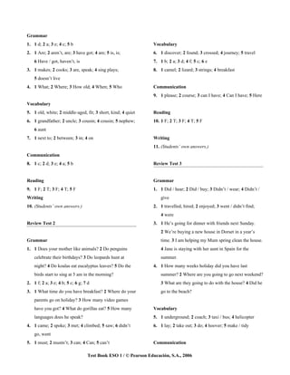 Grammar
1. 1 d; 2 a; 3 e; 4 c; 5 b                                      Vocabulary
2. 1 Are; 2 aren’t, are; 3 have got; 4 are; 5 is, is;           6. 1 discover; 2 found; 3 crossed; 4 journey; 5 travel
    6 Have / got, haven’t, is                                   7. 1 b; 2 a; 3 d; 4 f; 5 c; 6 e
3. 1 makes; 2 cooks; 3 are, speak; 4 sing plays;                8. 1 camel; 2 lizard; 3 strings; 4 breakfast
    5 doesn’t live
4. 1 What; 2 Where; 3 How old; 4 When; 5 Who                    Communication
                                                                9. 1 please; 2 course; 3 can I have; 4 Can I have; 5 Here
Vocabulary
5. 1 old, white; 2 middle-aged, fit; 3 short, kind; 4 quiet     Reading
6. 1 grandfather; 2 uncle; 3 cousin; 4 cousin; 5 nephew;        10. 1 F; 2 T; 3 F; 4 T; 5 F
    6 aunt
7. 1 next to; 2 between; 3 in; 4 on                             Writing
                                                                11. (Students’ own answers.)
Communication
8. 1 c; 2 d; 3 e; 4 a; 5 b                                      Review Test 3


Reading                                                         Grammar
9. 1 F; 2 T; 3 F; 4 T; 5 F                                      1. 1 Did / hear; 2 Did / buy; 3 Didn’t / wear; 4 Didn’t /
Writing                                                             give
10. (Students’ own answers.)                                    2. 1 travelled, hired; 2 enjoyed; 3 went / didn’t find;
                                                                    4 were
Review Test 2                                                   3. 1 He’s going for dinner with friends next Sunday.
                                                                    2 We’re buying a new house in Dorset in a year’s
Grammar                                                             time. 3 I am helping my Mum spring clean the house.
1. 1 Does your mother like animals? 2 Do penguins                   4 Jane is staying with her aunt in Spain for the
    celebrate their birthdays? 3 Do leopards hunt at                summer.
    night? 4 Do koalas eat eucalyptus leaves? 5 Do the          4. 1 How many weeks holiday did you have last
    birds start to sing at 5 am in the morning?                     summer? 2 Where are you going to go next weekend?
2. 1 f; 2 a; 3 e; 4 b; 5 c; 6 g; 7 d                                3 What are they going to do with the house? 4 Did he
3. 1 What time do you have breakfast? 2 Where do your               go to the beach?
    parents go on holiday? 3 How many video games
    have you got? 4 What do gorillas eat? 5 How many            Vocabulary
    languages does he speak?                                    5. 1 underground; 2 coach; 3 taxi / bus; 4 helicopter
4. 1 came; 2 spoke; 3 met; 4 climbed; 5 saw; 6 didn’t           6. 1 lay; 2 take out; 3 do; 4 hoover; 5 make / tidy
    go, went
5. 1 must; 2 mustn’t; 3 can; 4 Can; 5 can’t                     Communication

                                  Test Book ESO 1 / © Pearson Educación, S.A., 2006
 