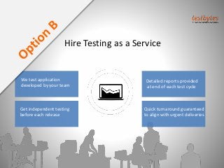 Detailed reports provided
at end of each test cycle
Hire Testing as a Service
We test application
developed by your team
G...
