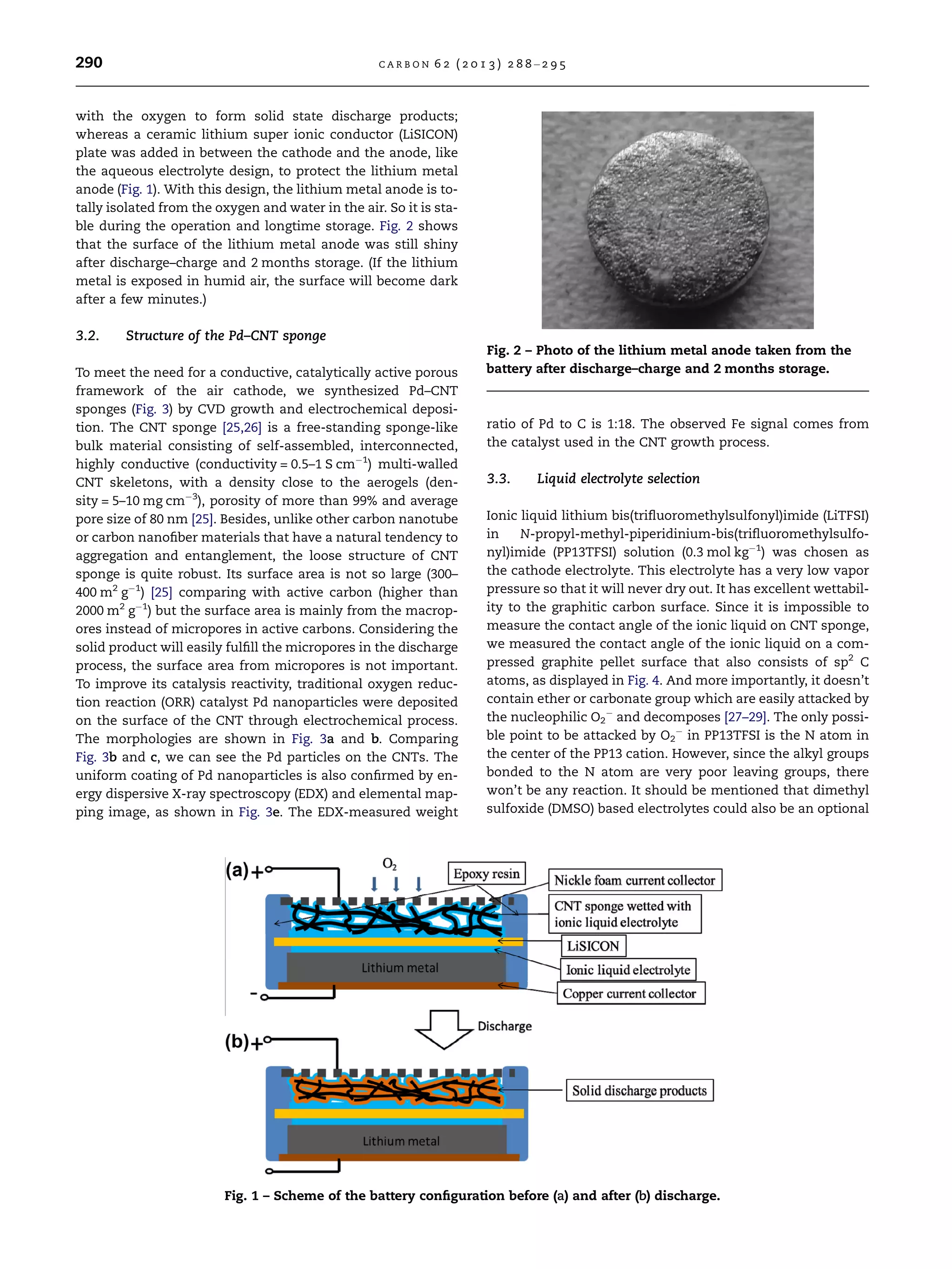 with the oxygen to form solid state discharge products;
whereas a ceramic lithium super ionic conductor (LiSICON)
plate was added in between the cathode and the anode, like
the aqueous electrolyte design, to protect the lithium metal
anode (Fig. 1). With this design, the lithium metal anode is to-
tally isolated from the oxygen and water in the air. So it is sta-
ble during the operation and longtime storage. Fig. 2 shows
that the surface of the lithium metal anode was still shiny
after discharge–charge and 2 months storage. (If the lithium
metal is exposed in humid air, the surface will become dark
after a few minutes.)
3.2. Structure of the Pd–CNT sponge
To meet the need for a conductive, catalytically active porous
framework of the air cathode, we synthesized Pd–CNT
sponges (Fig. 3) by CVD growth and electrochemical deposi-
tion. The CNT sponge [25,26] is a free-standing sponge-like
bulk material consisting of self-assembled, interconnected,
highly conductive (conductivity = 0.5–1 S cmÀ1
) multi-walled
CNT skeletons, with a density close to the aerogels (den-
sity = 5–10 mg cmÀ3
), porosity of more than 99% and average
pore size of 80 nm [25]. Besides, unlike other carbon nanotube
or carbon nanoﬁber materials that have a natural tendency to
aggregation and entanglement, the loose structure of CNT
sponge is quite robust. Its surface area is not so large (300–
400 m2
gÀ1
) [25] comparing with active carbon (higher than
2000 m2
gÀ1
) but the surface area is mainly from the macrop-
ores instead of micropores in active carbons. Considering the
solid product will easily fulﬁll the micropores in the discharge
process, the surface area from micropores is not important.
To improve its catalysis reactivity, traditional oxygen reduc-
tion reaction (ORR) catalyst Pd nanoparticles were deposited
on the surface of the CNT through electrochemical process.
The morphologies are shown in Fig. 3a and b. Comparing
Fig. 3b and c, we can see the Pd particles on the CNTs. The
uniform coating of Pd nanoparticles is also conﬁrmed by en-
ergy dispersive X-ray spectroscopy (EDX) and elemental map-
ping image, as shown in Fig. 3e. The EDX-measured weight
ratio of Pd to C is 1:18. The observed Fe signal comes from
the catalyst used in the CNT growth process.
3.3. Liquid electrolyte selection
Ionic liquid lithium bis(triﬂuoromethylsulfonyl)imide (LiTFSI)
in N-propyl-methyl-piperidinium-bis(triﬂuoromethylsulfo-
nyl)imide (PP13TFSI) solution (0.3 mol kgÀ1
) was chosen as
the cathode electrolyte. This electrolyte has a very low vapor
pressure so that it will never dry out. It has excellent wettabil-
ity to the graphitic carbon surface. Since it is impossible to
measure the contact angle of the ionic liquid on CNT sponge,
we measured the contact angle of the ionic liquid on a com-
pressed graphite pellet surface that also consists of sp2
C
atoms, as displayed in Fig. 4. And more importantly, it doesn’t
contain ether or carbonate group which are easily attacked by
the nucleophilic O2
À
and decomposes [27–29]. The only possi-
ble point to be attacked by O2
À
in PP13TFSI is the N atom in
the center of the PP13 cation. However, since the alkyl groups
bonded to the N atom are very poor leaving groups, there
won’t be any reaction. It should be mentioned that dimethyl
sulfoxide (DMSO) based electrolytes could also be an optional
Fig. 1 – Scheme of the battery conﬁguration before (a) and after (b) discharge.
Fig. 2 – Photo of the lithium metal anode taken from the
battery after discharge–charge and 2 months storage.
290 C A R B O N 6 2 ( 2 0 1 3 ) 2 8 8 –2 9 5
 