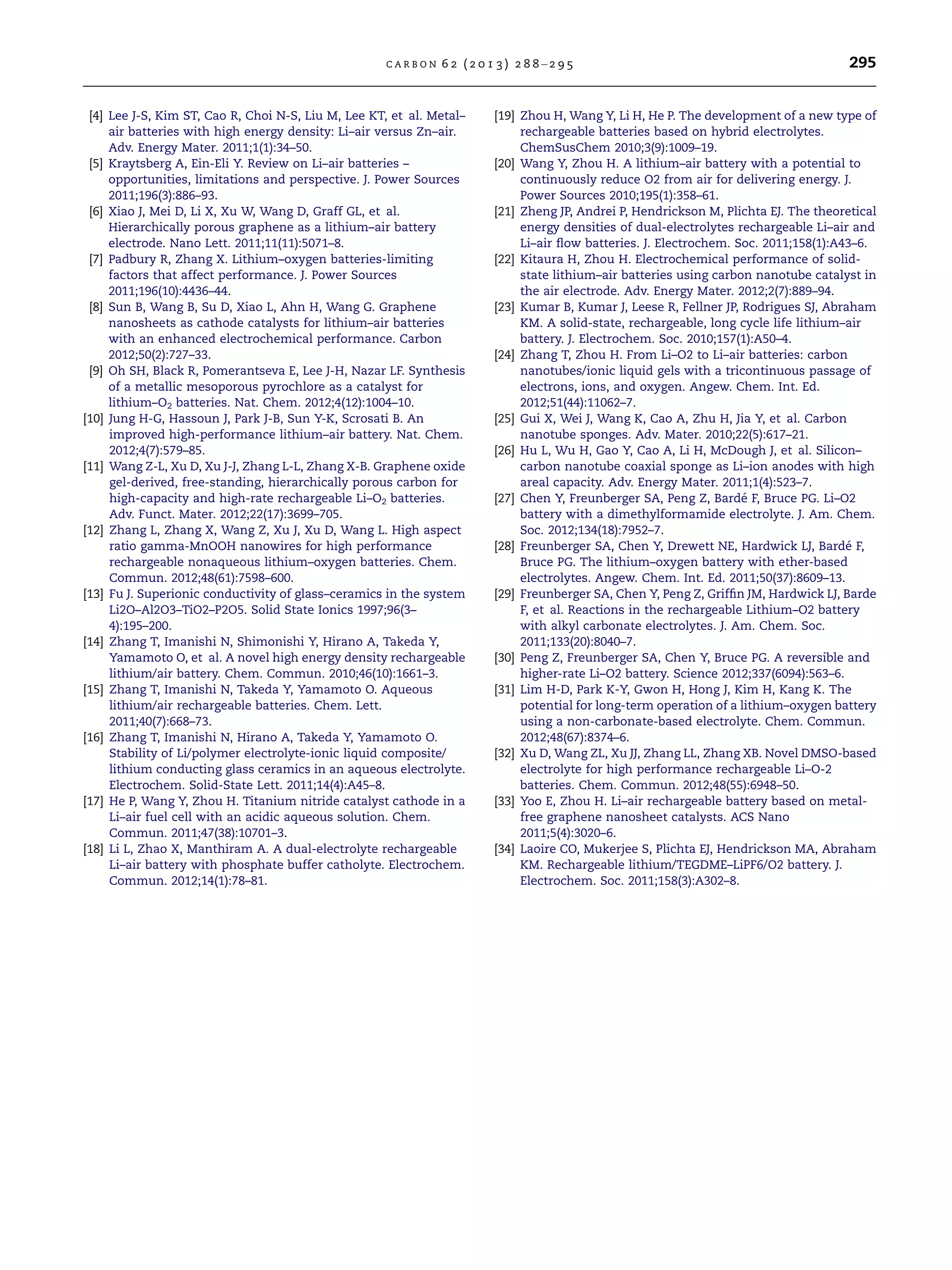 [4] Lee J-S, Kim ST, Cao R, Choi N-S, Liu M, Lee KT, et al. Metal–
air batteries with high energy density: Li–air versus Zn–air.
Adv. Energy Mater. 2011;1(1):34–50.
[5] Kraytsberg A, Ein-Eli Y. Review on Li–air batteries –
opportunities, limitations and perspective. J. Power Sources
2011;196(3):886–93.
[6] Xiao J, Mei D, Li X, Xu W, Wang D, Graff GL, et al.
Hierarchically porous graphene as a lithium–air battery
electrode. Nano Lett. 2011;11(11):5071–8.
[7] Padbury R, Zhang X. Lithium–oxygen batteries-limiting
factors that affect performance. J. Power Sources
2011;196(10):4436–44.
[8] Sun B, Wang B, Su D, Xiao L, Ahn H, Wang G. Graphene
nanosheets as cathode catalysts for lithium–air batteries
with an enhanced electrochemical performance. Carbon
2012;50(2):727–33.
[9] Oh SH, Black R, Pomerantseva E, Lee J-H, Nazar LF. Synthesis
of a metallic mesoporous pyrochlore as a catalyst for
lithium–O2 batteries. Nat. Chem. 2012;4(12):1004–10.
[10] Jung H-G, Hassoun J, Park J-B, Sun Y-K, Scrosati B. An
improved high-performance lithium–air battery. Nat. Chem.
2012;4(7):579–85.
[11] Wang Z-L, Xu D, Xu J-J, Zhang L-L, Zhang X-B. Graphene oxide
gel-derived, free-standing, hierarchically porous carbon for
high-capacity and high-rate rechargeable Li–O2 batteries.
Adv. Funct. Mater. 2012;22(17):3699–705.
[12] Zhang L, Zhang X, Wang Z, Xu J, Xu D, Wang L. High aspect
ratio gamma-MnOOH nanowires for high performance
rechargeable nonaqueous lithium–oxygen batteries. Chem.
Commun. 2012;48(61):7598–600.
[13] Fu J. Superionic conductivity of glass–ceramics in the system
Li2O–Al2O3–TiO2–P2O5. Solid State Ionics 1997;96(3–
4):195–200.
[14] Zhang T, Imanishi N, Shimonishi Y, Hirano A, Takeda Y,
Yamamoto O, et al. A novel high energy density rechargeable
lithium/air battery. Chem. Commun. 2010;46(10):1661–3.
[15] Zhang T, Imanishi N, Takeda Y, Yamamoto O. Aqueous
lithium/air rechargeable batteries. Chem. Lett.
2011;40(7):668–73.
[16] Zhang T, Imanishi N, Hirano A, Takeda Y, Yamamoto O.
Stability of Li/polymer electrolyte-ionic liquid composite/
lithium conducting glass ceramics in an aqueous electrolyte.
Electrochem. Solid-State Lett. 2011;14(4):A45–8.
[17] He P, Wang Y, Zhou H. Titanium nitride catalyst cathode in a
Li–air fuel cell with an acidic aqueous solution. Chem.
Commun. 2011;47(38):10701–3.
[18] Li L, Zhao X, Manthiram A. A dual-electrolyte rechargeable
Li–air battery with phosphate buffer catholyte. Electrochem.
Commun. 2012;14(1):78–81.
[19] Zhou H, Wang Y, Li H, He P. The development of a new type of
rechargeable batteries based on hybrid electrolytes.
ChemSusChem 2010;3(9):1009–19.
[20] Wang Y, Zhou H. A lithium–air battery with a potential to
continuously reduce O2 from air for delivering energy. J.
Power Sources 2010;195(1):358–61.
[21] Zheng JP, Andrei P, Hendrickson M, Plichta EJ. The theoretical
energy densities of dual-electrolytes rechargeable Li–air and
Li–air ﬂow batteries. J. Electrochem. Soc. 2011;158(1):A43–6.
[22] Kitaura H, Zhou H. Electrochemical performance of solid-
state lithium–air batteries using carbon nanotube catalyst in
the air electrode. Adv. Energy Mater. 2012;2(7):889–94.
[23] Kumar B, Kumar J, Leese R, Fellner JP, Rodrigues SJ, Abraham
KM. A solid-state, rechargeable, long cycle life lithium–air
battery. J. Electrochem. Soc. 2010;157(1):A50–4.
[24] Zhang T, Zhou H. From Li–O2 to Li–air batteries: carbon
nanotubes/ionic liquid gels with a tricontinuous passage of
electrons, ions, and oxygen. Angew. Chem. Int. Ed.
2012;51(44):11062–7.
[25] Gui X, Wei J, Wang K, Cao A, Zhu H, Jia Y, et al. Carbon
nanotube sponges. Adv. Mater. 2010;22(5):617–21.
[26] Hu L, Wu H, Gao Y, Cao A, Li H, McDough J, et al. Silicon–
carbon nanotube coaxial sponge as Li–ion anodes with high
areal capacity. Adv. Energy Mater. 2011;1(4):523–7.
[27] Chen Y, Freunberger SA, Peng Z, Barde´ F, Bruce PG. Li–O2
battery with a dimethylformamide electrolyte. J. Am. Chem.
Soc. 2012;134(18):7952–7.
[28] Freunberger SA, Chen Y, Drewett NE, Hardwick LJ, Barde´ F,
Bruce PG. The lithium–oxygen battery with ether-based
electrolytes. Angew. Chem. Int. Ed. 2011;50(37):8609–13.
[29] Freunberger SA, Chen Y, Peng Z, Grifﬁn JM, Hardwick LJ, Barde
F, et al. Reactions in the rechargeable Lithium–O2 battery
with alkyl carbonate electrolytes. J. Am. Chem. Soc.
2011;133(20):8040–7.
[30] Peng Z, Freunberger SA, Chen Y, Bruce PG. A reversible and
higher-rate Li–O2 battery. Science 2012;337(6094):563–6.
[31] Lim H-D, Park K-Y, Gwon H, Hong J, Kim H, Kang K. The
potential for long-term operation of a lithium–oxygen battery
using a non-carbonate-based electrolyte. Chem. Commun.
2012;48(67):8374–6.
[32] Xu D, Wang ZL, Xu JJ, Zhang LL, Zhang XB. Novel DMSO-based
electrolyte for high performance rechargeable Li–O-2
batteries. Chem. Commun. 2012;48(55):6948–50.
[33] Yoo E, Zhou H. Li–air rechargeable battery based on metal-
free graphene nanosheet catalysts. ACS Nano
2011;5(4):3020–6.
[34] Laoire CO, Mukerjee S, Plichta EJ, Hendrickson MA, Abraham
KM. Rechargeable lithium/TEGDME–LiPF6/O2 battery. J.
Electrochem. Soc. 2011;158(3):A302–8.
C A R B O N 6 2 ( 2 0 1 3 ) 2 8 8 – 2 9 5 295
 