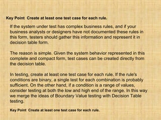 Key Point Create at least one test case for each rule.
If the system under test has complex business rules, and if your
business analysts or designers have not documented these rules in
this form, testers should gather this information and represent it in
decision table form.
The reason is simple. Given the system behavior represented in this
complete and compact form, test cases can be created directly from
the decision table.
In testing, create at least one test case for each rule. If the rule's
conditions are binary, a single test for each combination is probably
sufficient. On the other hand, if a condition is a range of values,
consider testing at both the low and high end of the range. In this way
we merge the ideas of Boundary Value testing with Decision Table
testing.
Key Point Create at least one test case for each rule.
 