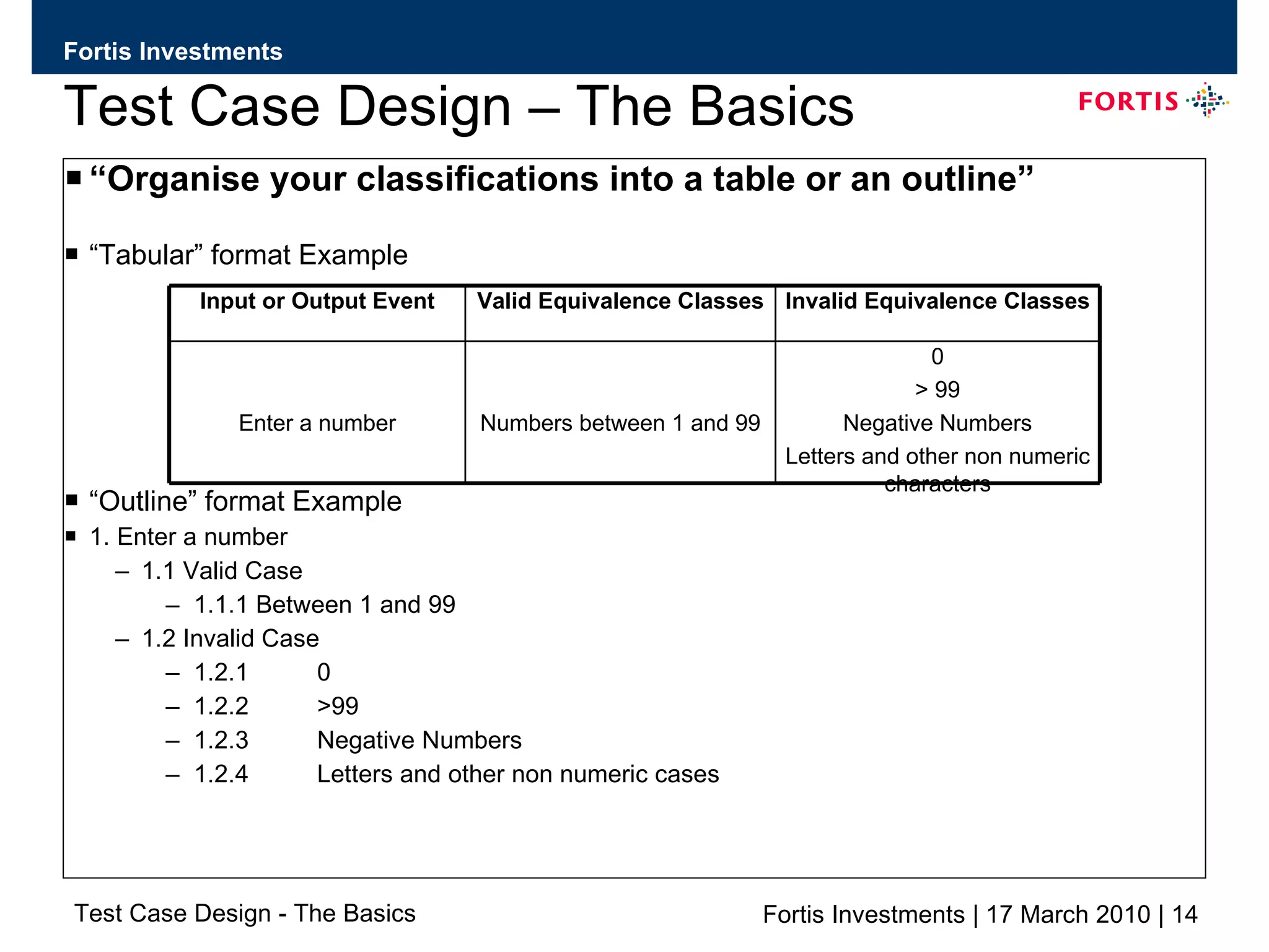 Test Case Design – The Basics “ Organise your classifications into a table or an outline” “ Tabular” format Example “ Outline” format Example 1. Enter a number 1.1 Valid Case 1.1.1 Between 1 and 99 1.2 Invalid Case 1.2.1  0 1.2.2 >99 1.2.3 Negative Numbers 1.2.4 Letters and other non numeric cases 0 > 99 Negative Numbers Letters and other non numeric characters Numbers between 1 and 99 Enter a number Invalid Equivalence Classes Valid Equivalence Classes Input or Output Event 