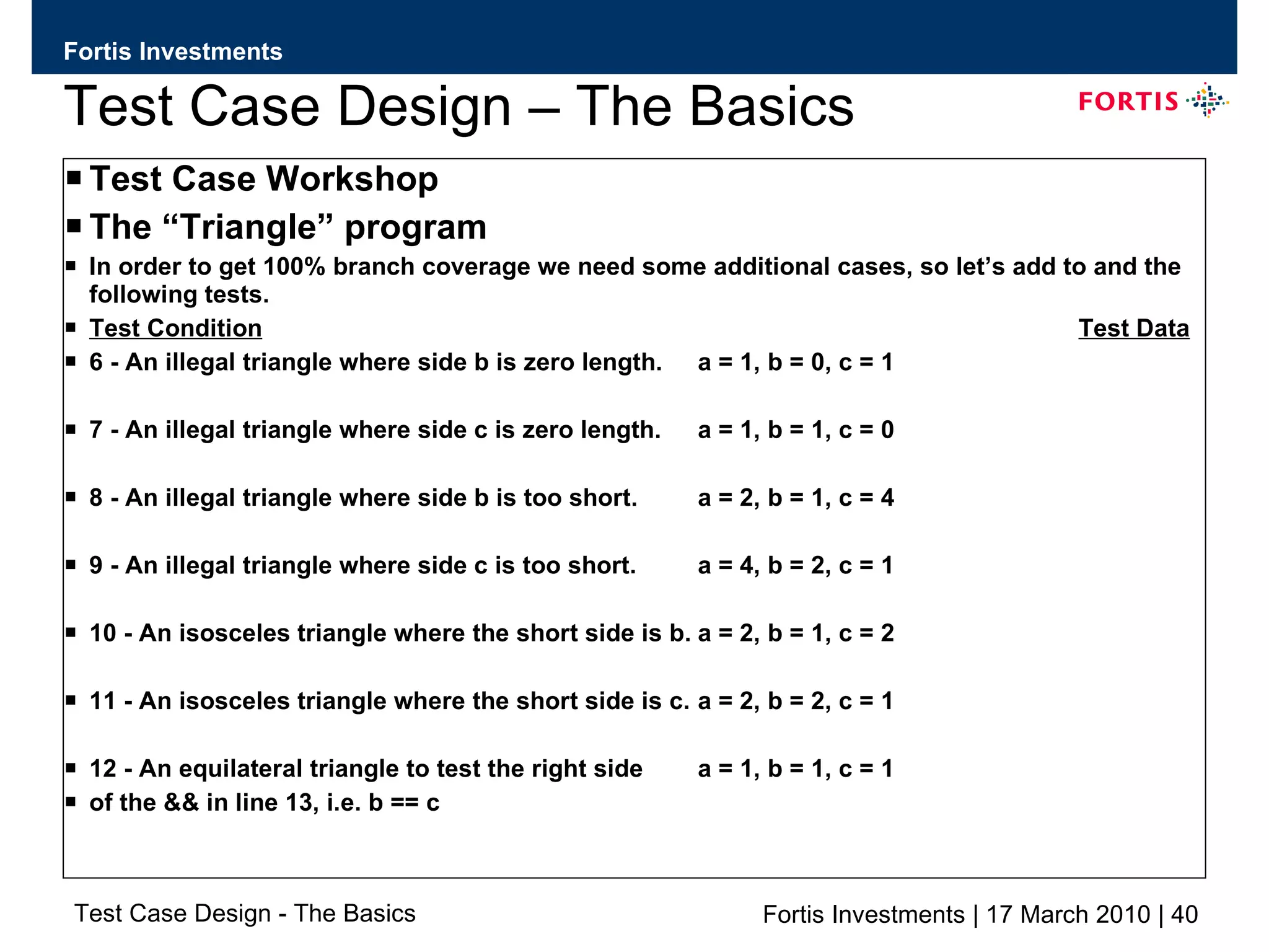 Test Case Design – The Basics Test Case Workshop The “Triangle” program In order to get 100% branch coverage we need some additional cases, so let’s add to and the following tests. Test Condition Test Data 6 - An illegal triangle where side b is zero length. a = 1, b = 0, c = 1 7 - An illegal triangle where side c is zero length. a = 1, b = 1, c = 0 8 - An illegal triangle where side b is too short. a = 2, b = 1, c = 4 9 - An illegal triangle where side c is too short. a = 4, b = 2, c = 1 10 - An isosceles triangle where the short side is b. a = 2, b = 1, c = 2 11 - An isosceles triangle where the short side is c. a = 2, b = 2, c = 1 12 - An equilateral triangle to test the right side  a = 1, b = 1, c = 1   of the && in line 13, i.e. b == c 
