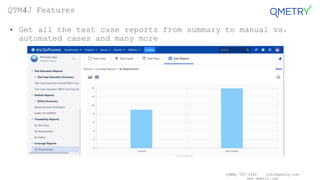 (408) 727-1101 info@qmetry.com
www.qmetry.com
• Get all the test case reports from summary to manual vs.
automated cases and many more
QTM4J Features
 