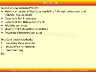 Test Case
Test Case Development Process:
Identify all potential Test Cases needed to fully test the business and
technical requirements
Document Test Procedures
Document Test Data requirements
Prioritize test cases
Identify Test Automation Candidates
Automate designated test cases
Test Case Design Methods:
1. Boundary Value Analysis
2. Equivalence Partitioning
3. Error Guessing
Etc.

9
Quality in a service or product is not what you put into it. It is what the client or customer gets out of it. – Peter Drucker

 