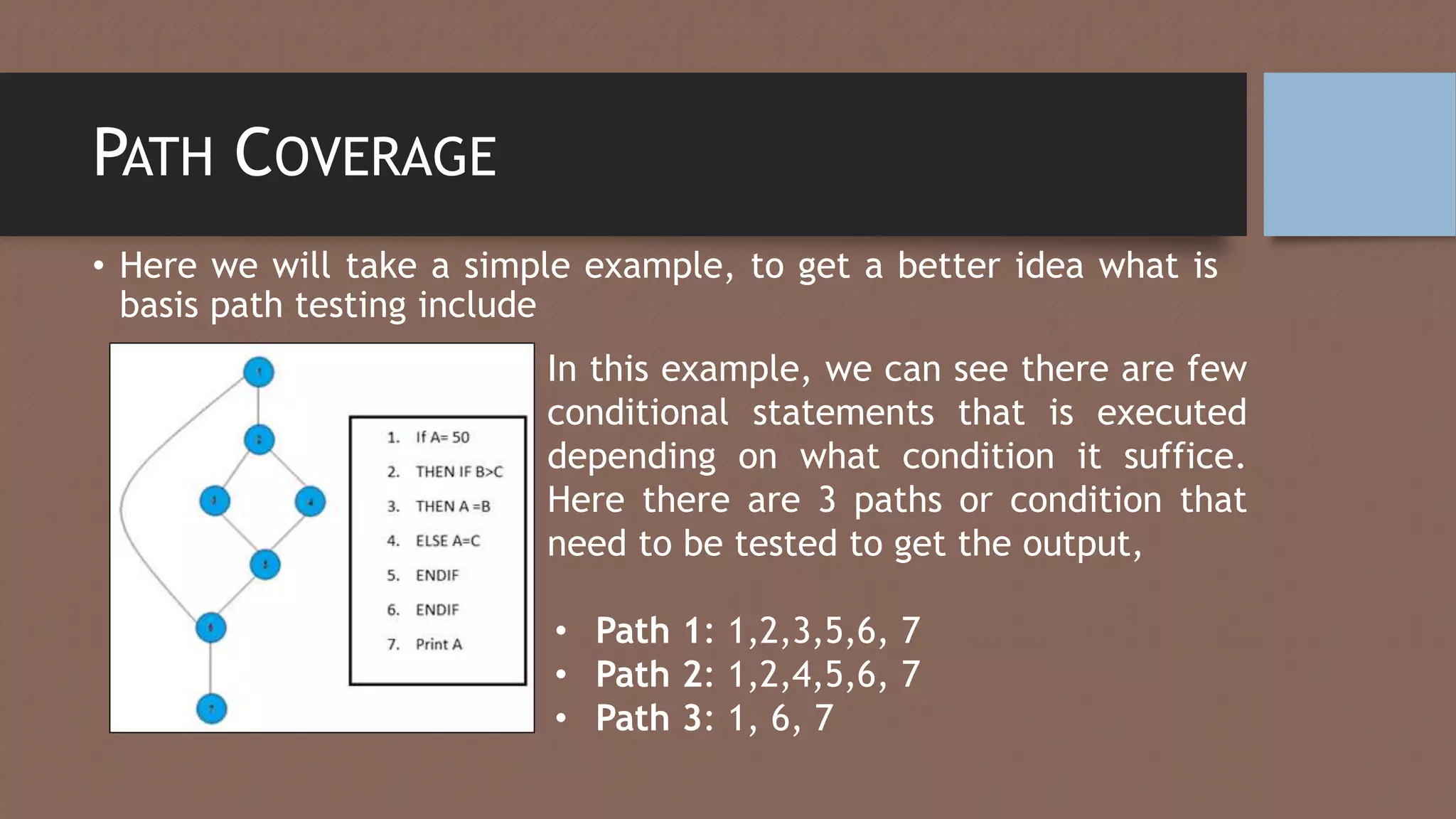 PATH COVERAGE
• Here we will take a simple example, to get a better idea what is
basis path testing include
In this example, we can see there are few
conditional statements that is executed
depending on what condition it suffice.
Here there are 3 paths or condition that
need to be tested to get the output,
• Path 1: 1,2,3,5,6, 7
• Path 2: 1,2,4,5,6, 7
• Path 3: 1, 6, 7
 