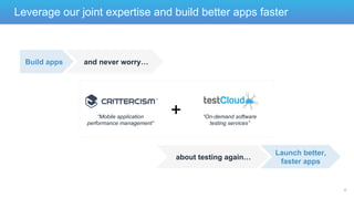 Leverage our joint expertise and build better apps faster

Build apps

and never worry…

“Mobile application
performance management”

+

“On-demand software
testing services”

about testing again…

Launch better,
faster apps

8

 
