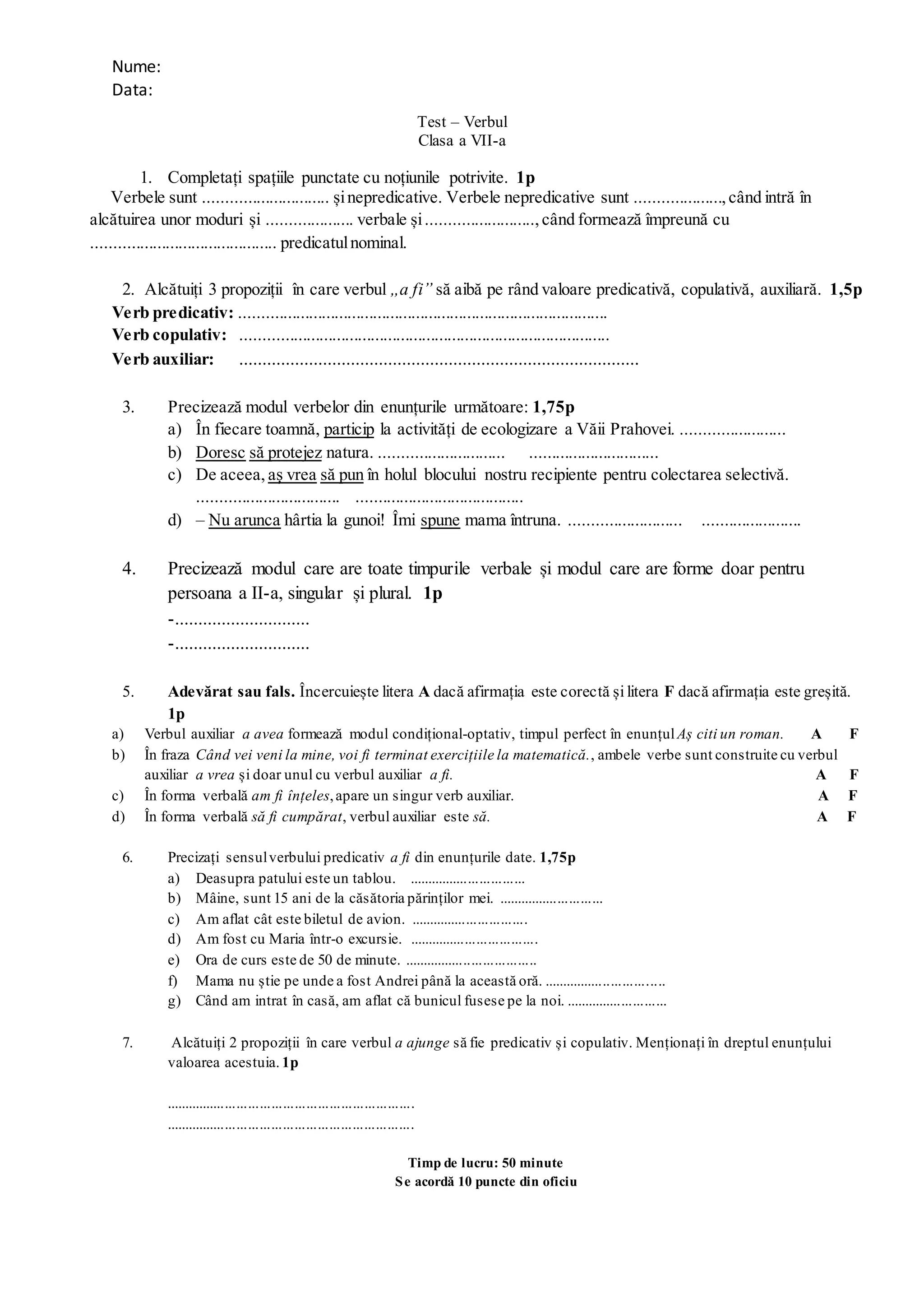 Verbe Predicative Test cls 7 verbul (i) | DOCX