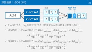 ? ? = 3Ȥ룬 logεפ2Ȥ루ۤ뤬פϽYӰ푤ʤ
? DCG@3 ƥAγ = ? ?1
1
log 1+1
+ ? ?2
1
log 2+1
+ ? ?3
1
log 3+1
= 2
1
log 2
+ 0
1
log 3
+ 0
1
log 4
=
2
log 2
= 2
? DCG@3 ƥBγ = ? ?1
1
log 1+1
+ ? ?2
1
log 2+1
+ ? ?3
1
log 3+1
= 0
1
log 2
+ 0
1
log 3
+ 1
1
log 4
=
1
log 4
=
1
2
uָˣnDCG (3/4) 21
2
ƥA
ƥB
1 8 6
8 6 3
1 3 6 8ש`
 m
2㣩
m
1㣩
 