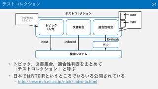 ? ȥԥåĕϣmжޤȤ
ƥȥ쥯󡹤Ⱥ
? ձǤNTCIRȤȤǤ_Ƥ
C http://research.nii.ac.jp/ntcir/index-ja.html
ƥȥ쥯 24
ȥԥå

ĕ mж
ƥ
IndexedInput

Evaluate
ƥȥ쥯
 Q⡹
֤ɤ
m
m
 