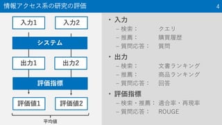 情報アクセス系の研究の評価 4
• 入力
– 検索： クエリ
– 推薦： 購買履歴
– 質問応答： 質問
• 出力
– 検索： 文書ランキング
– 推薦： 商品ランキング
– 質問応答： 回答
• 評価指標
– 検索・推薦： 適合率・再現率
– 質問応答： ROUGE
入力1 入力2
評価値1 評価値2
システム
出力1 出力2
評価指標
平均値
 