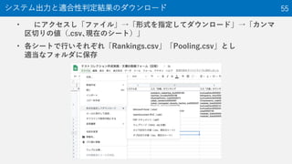 • にアクセスし「ファイル」→「形式を指定してダウンロード」→「カンマ
区切りの値（.csv､現在のシート）」
• 各シートで行いそれぞれ「Rankings.csv」「Pooling.csv」とし
適当なフォルダに保存
システム出力と適合性判定結果のダウンロード 55
 