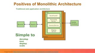 Positives of Monolithic Architecture
Image Source: https://dzone.com/articles/microservices-1-introduction-monolithic-vs-microse
 