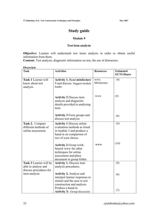 © Olubodun, O.J.: Test Construction Techniques and Principles                           May 2007




                                                Study guide
                                                    Module 9

                                               Test item analysis

Objective: Learner will understand test items analysis in order to obtain useful
information from them.
Content: Test analysis, diagnostic information on test, the use of distracters.

Overview
Task                             Activities                         Resources     Estimated
                                                                                  ECTS Hours
Task 1 Learner will              Activity 1. Read minilecture       www.           (8)
know about test                  9 and discuss. Suggest module      Minilecture
analysis                         leader.


                                                                    www           (6)
                                 Activity 2 Discuss item
                                 analysis and diagnostic
                                 details provided in analysing
                                 tests.

                                 Activity 3 Form groups and                       (8)
                                 discuss test analysis
Task 2. Compare                  Activity 1 Discuss online                         (8)
different methods of             evaluation methods as listed
online assessment.               in module 3 and produce a
                                 hand-in on comparison of
                                 two of your choice.

                                                                    www           (10)
                       Activity 2 Group work:
                       Search www for other
                       techniques for online
                       assessment and place
                       document in group folder.
Task 3 Learner will be Activity 1. Discuss item                                   (8)
able to analyse and    analysis procedures.
discuss procedures for
item analysis          Activity 2. Analyse and                                    (8)
                       interpret learner responses to
                       stimuli and the uses in test
                       construction and analysis.
                       Produce a hand-in.
                                                                                  (7)
                       Activity 3: Group discussion


33                                                                         ojolubodun@yahoo.com
 