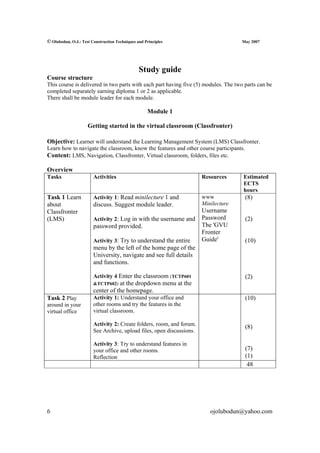 © Olubodun, O.J.: Test Construction Techniques and Principles                        May 2007




                                                Study guide
Course structure
This course is delivered in two parts with each part having five (5) modules. The two parts can be
completed separately earning diploma 1 or 2 as applicable.
There shall be module leader for each module.

                                                    Module 1

                     Getting started in the virtual classroom (Classfronter)

Objective: Learner will understand the Learning Management System (LMS) Classfronter.
Learn how to navigate the classroom, know the features and other course participants.
Content: LMS, Navigation, Classfronter, Virtual classroom, folders, files etc.

Overview
Tasks                   Activities                                     Resources     Estimated
                                                                                     ECTS
                                                                                     hours
Task 1 Learn            Activity 1: Read minilecture 1 and             www            (8)
about                   discuss. Suggest module leader.                Minilecture
Classfronter                                                           Username
(LMS)                   Activity 2: Log in with the username and       Password       (2)
                        password provided.                             The 'GVU
                                                                       Fronter
                        Activity 3: Try to understand the entire       Guide'         (10)
                        menu by the left of the home page of the
                        University, navigate and see full details
                        and functions.

                        Activity 4 Enter the classroom (TCTP601                       (2)
                        &TCTP602)  at the dropdown menu at the
                        center of the homepage.
Task 2 Play             Activity 1: Understand your office and                        (10)
around in your          other rooms and try the features in the
virtual office          virtual classroom.

                        Activity 2: Create folders, room, and forum.
                                                                                      (8)
                        See Archive, upload files, open discussions.

                        Activity 3: Try to understand features in
                        your office and other rooms.                                  (7)
                        Reflection                                                    (1)
                                                                                       48




6                                                                         ojolubodun@yahoo.com
 