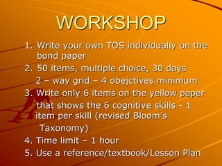WORKSHOP
1. Write your own TOS individually on the
bond paper
2. 50 items, multiple choice, 30 days
2 – way grid – 4 obejctives minimum
3. Write only 6 items on the yellow paper
that shows the 6 cognitive skills - 1
item per skill (revised Bloom’s
Taxonomy)
4. Time limit – 1 hour
5. Use a reference/textbook/Lesson Plan
 