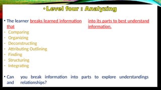 • The learner breaks learned information into its parts to best understand
that information.
- Comparing
- Organizing
- Deconstructing
- Attributing Outlining
- Finding
- Structuring
- Integrating
• Can you break information into parts to explore understandings
and relationships?
 