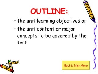 OUTLINE: the unit learning objectives or the unit content or major concepts to be covered by the test Back to Main Menu 