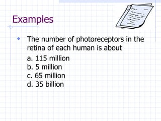 Examples The number of photoreceptors in the retina of each human is about a. 115 million b. 5 million c. 65 million d. 35 billion 