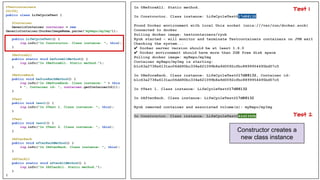 @Testcontainers
@Slf4j
public class LifeCycleTest {
@Container
GenericContainer container = new
GenericContainer(DockerImageName.parse("myRepo/myImg"));
public LifeCycleTest() {
log.info("In Constructor. Class instance: ", this);
}
@BeforeAll
public static void beforeAllMethod() {
log.info("In @BeforeAll. Static method.");
}
@BeforeEach
public void beforeEachMethod() {
log.info("In @BeforeEach. Class instance: " + this
+ ", Container id: ", container.getContainerId());
}
@Test
public void test1() {
log.info("In @Test 1. Class instance: ", this);
}
@Test
public void test2() {
log.info("In @Test 2. Class instance: ", this);
}
@AfterEach
public void afterEachMethod() {
log.info("In @AfterEach. Class instance: ", this);
}
@AfterAll
public static void afterAllMethod() {
log.info("In @AfterAll. Static method.");
}
}
In @BeforeAll. Static method.
In Constructor. Class instance: LifeCycleTest@17d88132
Found Docker environment with local Unix socket (unix:///var/run/docker.sock)
Connected to docker
Pulling docker image: testcontainers/ryuk
Ryuk started - will monitor and terminate Testcontainers containers on JVM exit
Checking the system...
✔ Docker server version should be at least 1.6.0
✔ Docker environment should have more than 2GB free disk space
Pulling docker image: myRepo/myImg
Container myRepo/myImg is starting:
b1c63a2738a6131ac06dd90bc334e621099b8a9d0092cfbc8899954495bd57c5
In @BeforeEach. Class instance: LifeCycleTest@17d88132, Container id:
b1c63a2738a6131ac06dd90bc334e621099b8a9d0092cfbc8899954495bd57c5
In @Test 1. Class instance: LifeCycleTest@17d88132
In @AfterEach. Class instance: LifeCycleTest@17d88132
Ryuk removed container and associated volume(s): myRepo/myImg
In Constructor. Class instance: LifeCycleTest@42d236fb
Constructor creates a
new class instance
Test 2
Test 1
 