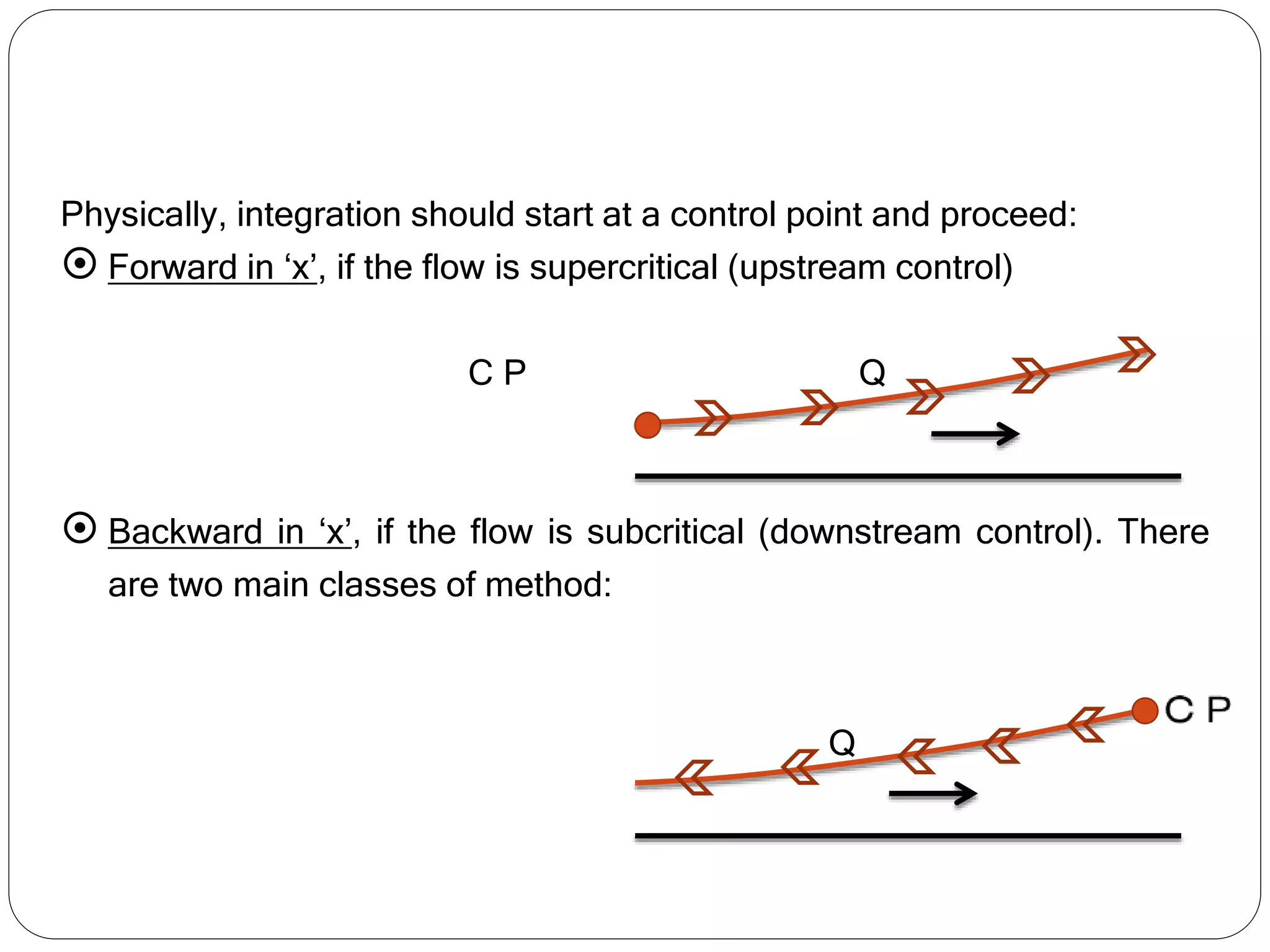 Physically, integration should start at a control point and proceed:
 Forward in ‘x’, if the flow is supercritical (upstream control)
C P Q
 Backward in ‘x’, if the flow is subcritical (downstream control). There
are two main classes of method:
Q
 