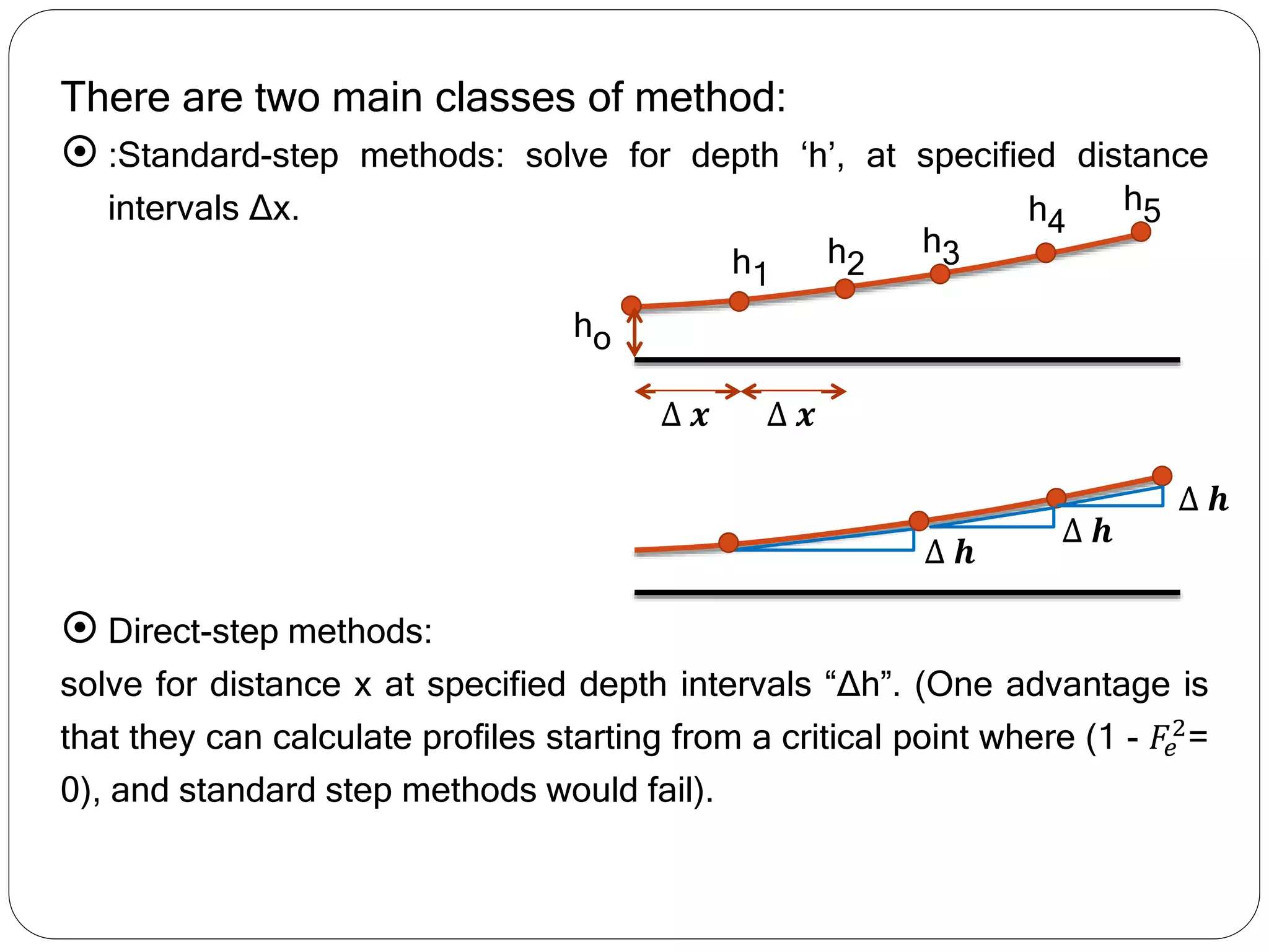 There are two main classes of method:
 :Standard-step methods: solve for depth ‘h’, at specified distance
intervals Δx.
 Direct-step methods:
solve for distance x at specified depth intervals “Δh”. (One advantage is
that they can calculate profiles starting from a critical point where (1 - 𝐹𝑒
2
=
0), and standard step methods would fail).
h1
h2
h3
h4
h5
ho
∆ 𝒉
∆ 𝒉
∆ 𝒙 ∆ 𝒙
∆ 𝒉
 