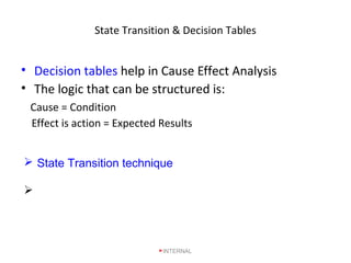 State Transition & Decision Tables
• Decision tables help in Cause Effect Analysis
• The logic that can be structured is:
Cause = Condition
Effect is action = Expected Results
 State Transition technique includes all the valid and
invalid combinations of test data.
 These diagrams can be effectively direct our test efforts
in identifying the test data and thereby
INTERNAL
 