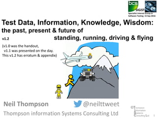 SIGiST
Specialist Interest Group in
Software Testing 15 Sep 2016
Test Data, Information, Knowledge, Wisdom:
the past, present & future of
standing, running, driving & flying
Neil Thompson @neilttweet
Thompson information Systems Consulting Ltd
©Thompson
information
Systems
Consulting Ltd 1
v1.2
(v1.0 was the handout,
v1.1 was presented on the day.
This v1.2 has erratum & appendix)
 