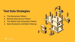 Test Data Strategies
● The Elementary Pattern
● Refresh Data Source Pattern
● The Selﬁsh Data Generation Pattern
● Data Generation and Batch Cleanup
 
