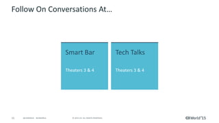 15 © 2015 CA. ALL RIGHTS RESERVED.@CAWORLD #CAWORLD
Follow On Conversations At…
Smart Bar
Theaters 3 & 4
Tech Talks
Theaters 3 & 4
 