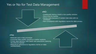 Yes or No for Test Data Management
NO
•Inadequate testing means a low quality solution
•More time-to-market
•Rising costs because of random test data with no
strategies
•Non-compliance with regulatory norms for data privacy
Yes
•Reduced cost in test processes
•Improved data quality resulting in better systems
•Timely data delivery, with faster test executions reducing
the time-to-market
•Methodical adherence to regulatory norms on data
confidentiality
 