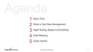 © 2016 Delphix Corporation 4
Agenda
Story Time1
What is Test Data Management2
Agile Testing, Speed is Everything3
Data Masking4
Code Control5
 