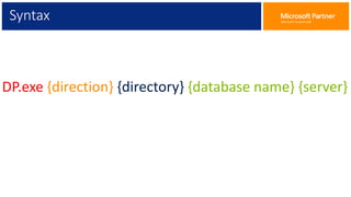 PROS (cont)
10. The data file format is text-based. Therefore, the data can be compared with earlier versions and
stored in a version control system.
11. The data file format is a standard format that is produced by bcp.
12. Exported data can be filtered. Therefore, specified tables, columns, or rows can be easily excluded
from the export.
13. Differences often occur during development. Because of this feature, data can often be imported
without user intervention, even when the table definitions have changed. For example, tables or fields
that have been renamed do not prevent import.
14. Entity IDs, such as table IDs, class IDs, and extended data type IDs, are updated to match the IDs of the
target system.
15. The tool reads and correctly updates the SYSTEMSEQUENCES table.
 