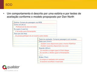BDD

•  Um comportamento é descrito por uma estória e por testes de
   aceitação conforme o modelo propoposto por Dan North




www.qualister.com.br
 