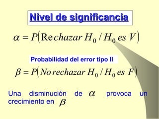 Nivel de significancia Probabilidad del error tipo II Una disminución de  provoca un crecimiento en  