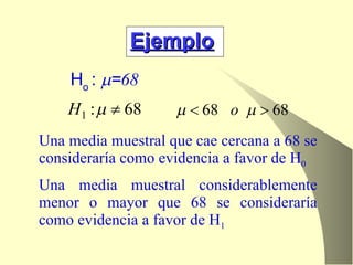 H o  :    = 68 Ejemplo Una media muestral que cae cercana a 68 se consideraría como evidencia a favor de H 0 Una media muestral considerablemente menor o mayor que 68 se consideraría como evidencia a favor de H 1 