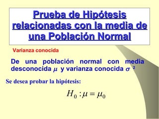 De una población normal con media desconocida     y varianza conocida     2 Prueba de Hipótesis relacionadas con la media de una Población Normal Varianza conocida Se desea probar la hipótesis: 